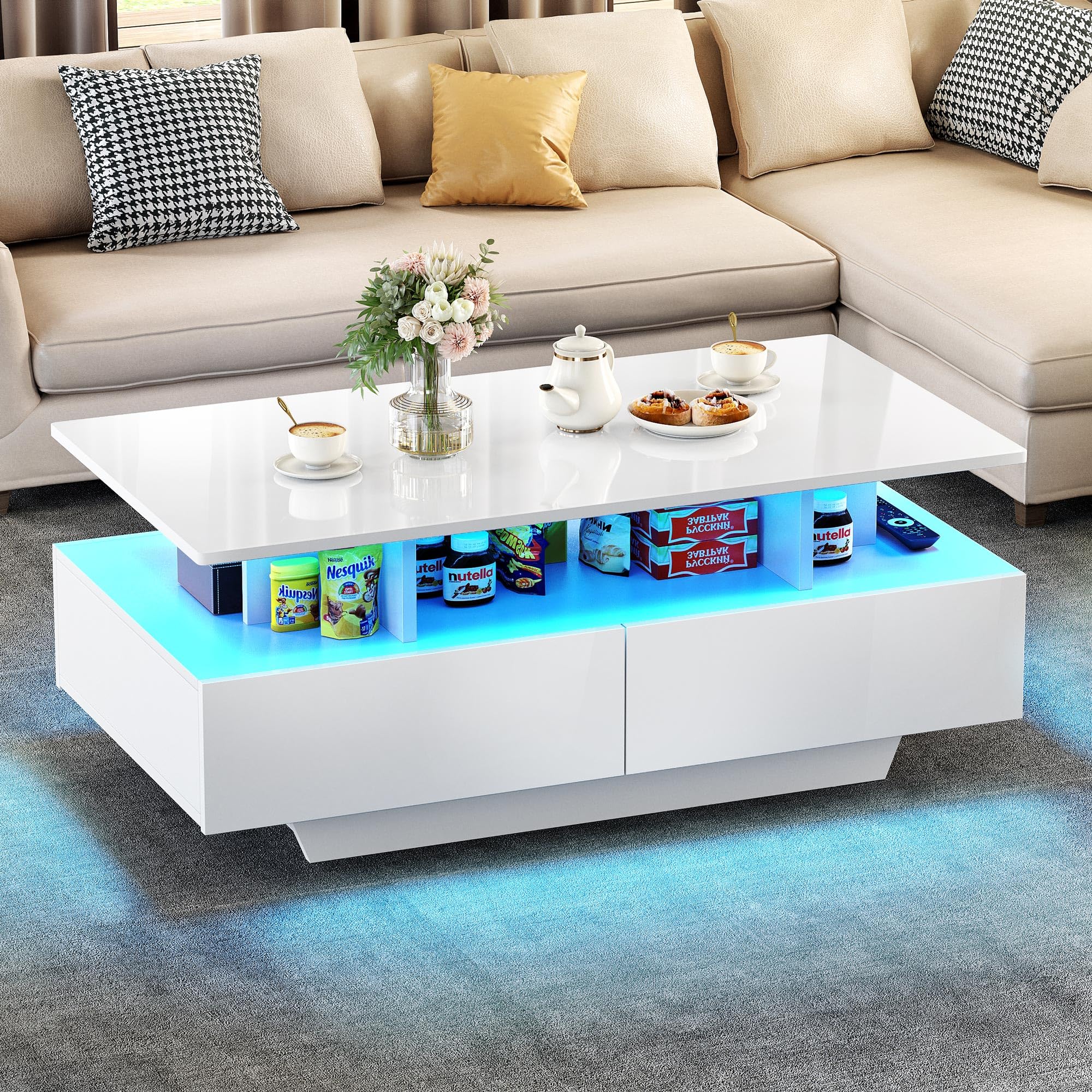 YITAHOME Modern LED Coffee Table with Storage - High Gloss Black Rectangular Living Room Center Table with Open Display Shelf & Sliding Drawers - Perfect for Small Spaces, Apartments and Contemporary Home Decor