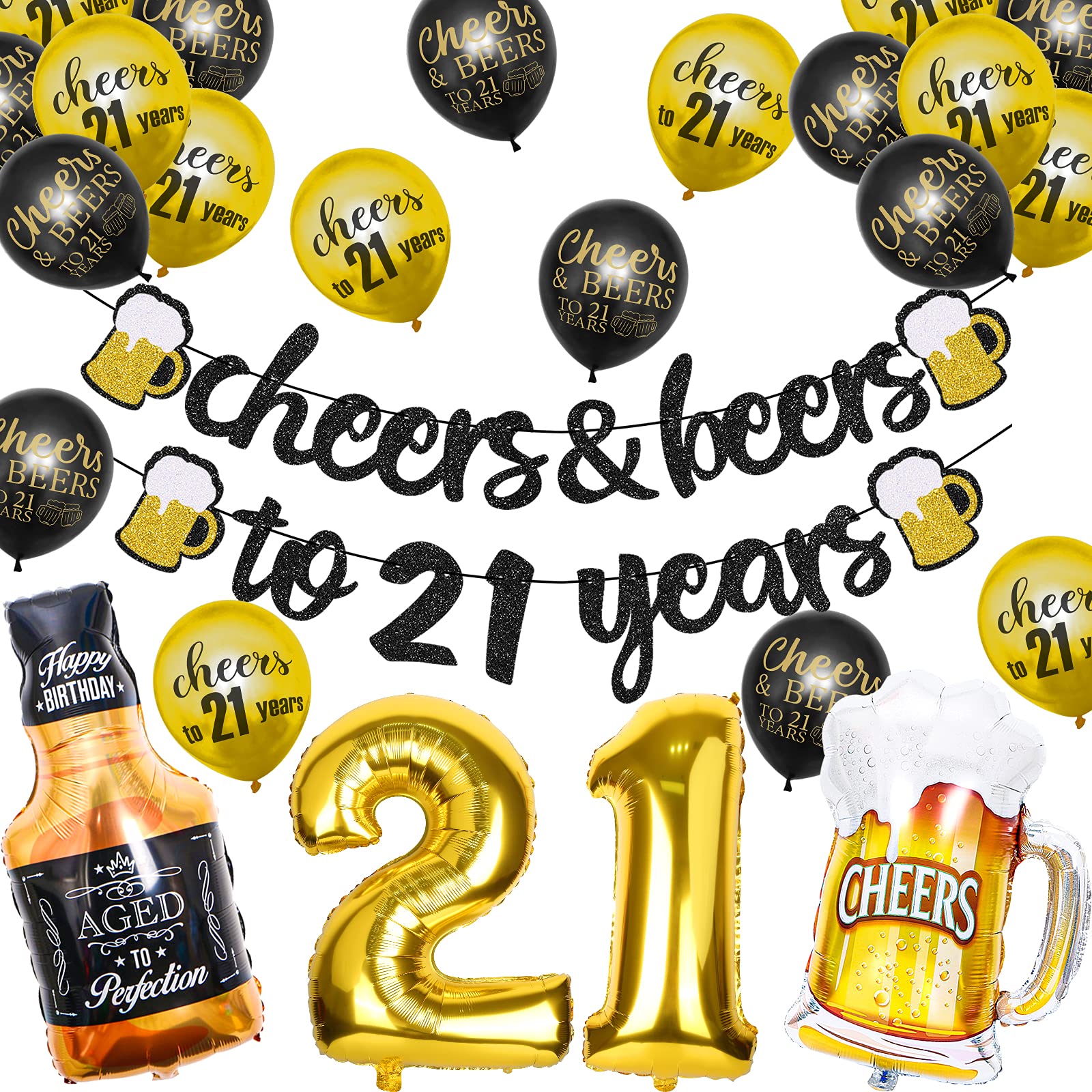 Joymee 21st Birthday Party Decorations - Black & Gold Banner for Women & Men | Happy Birthday Supplies for Boys, Girls, Him & Her | Perfect for 21st Birthday Parties & Wedding Anniversaries