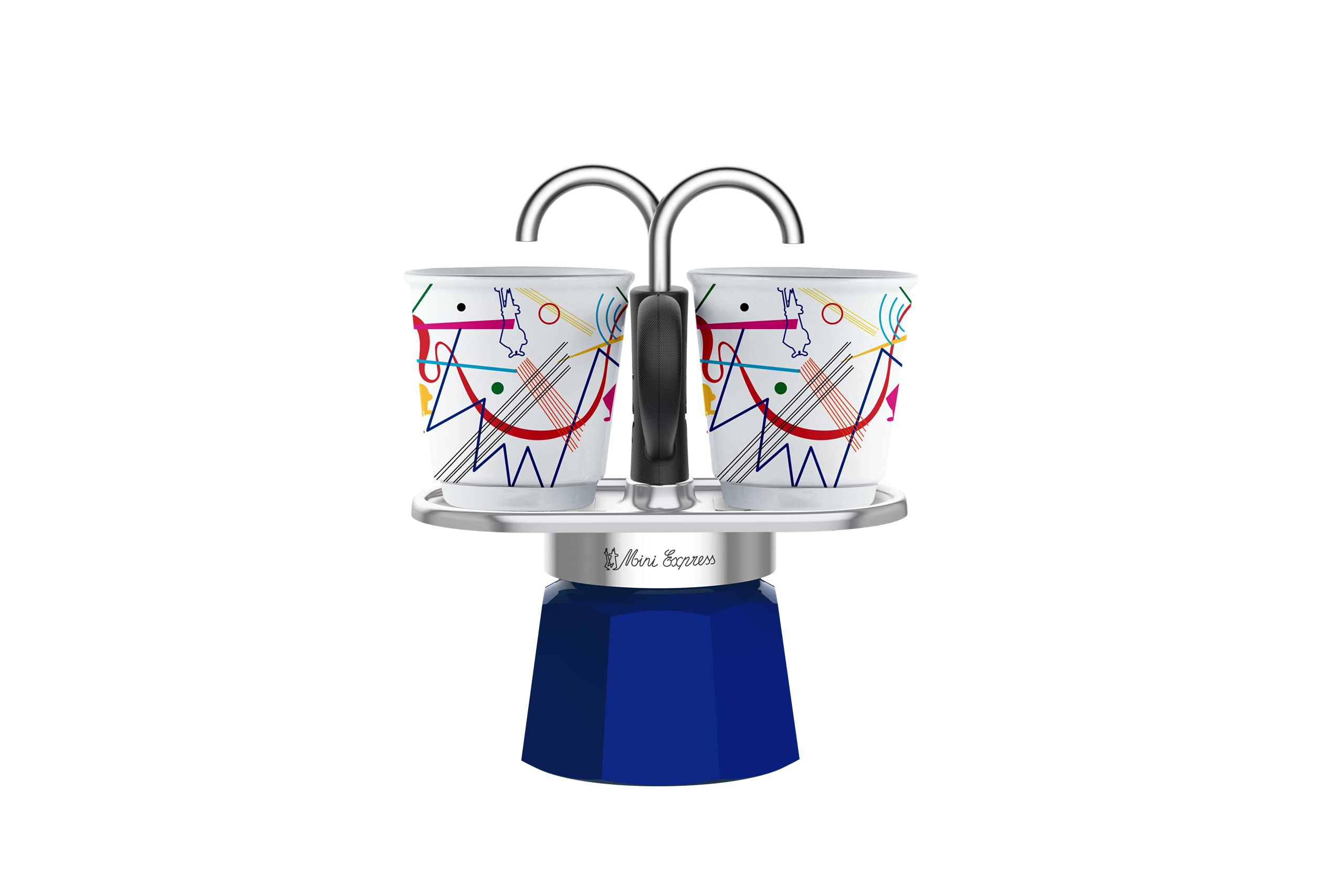 Bialetti Mini Express Kandinsky 2-Cup Moka Pot Coffee Maker - 2.8 Oz Aluminum Stovetop Espresso Maker with 2 Shot Glasses, Light Blue - Perfect for Home, Office & Camping Coffee Brewing