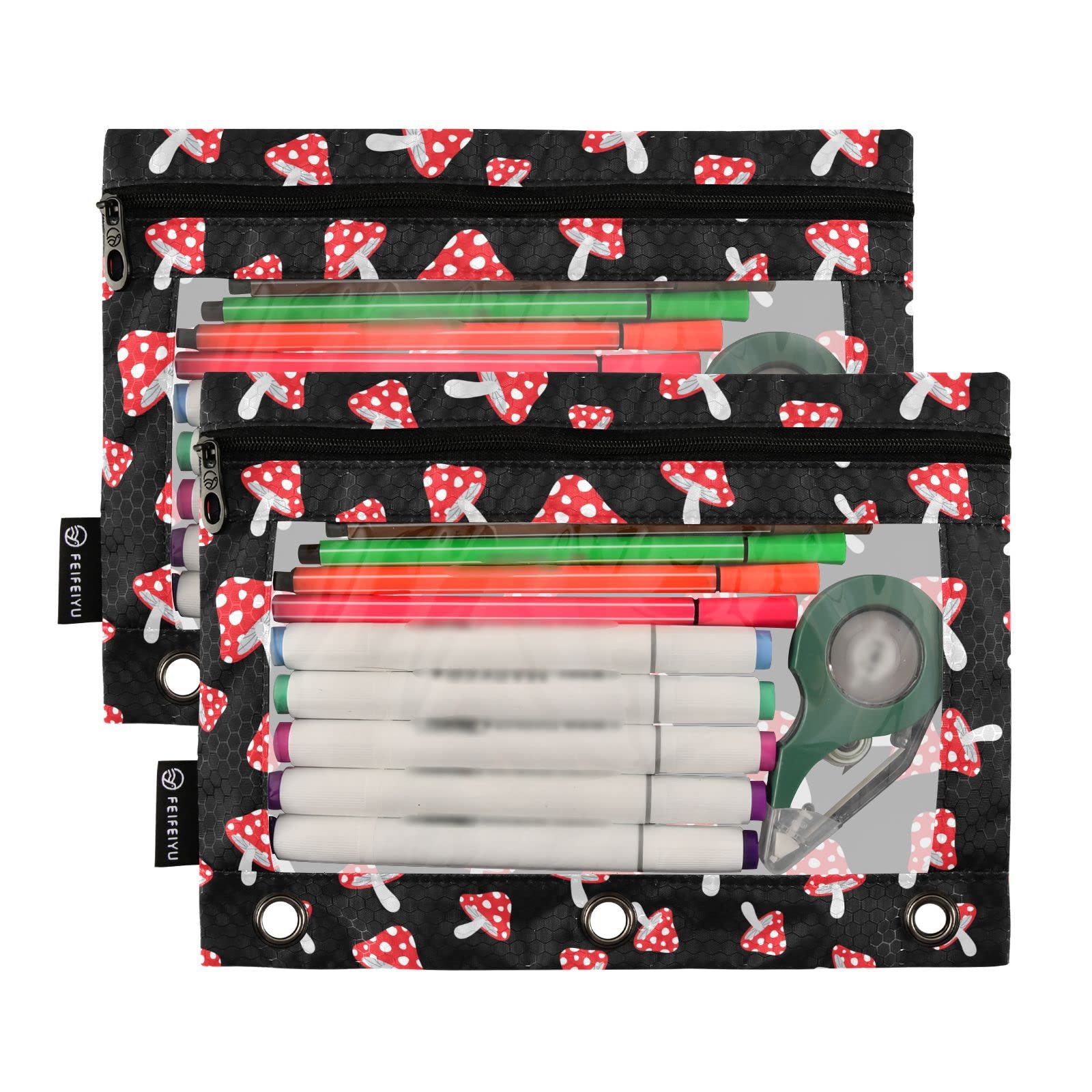 ALAZA 2PCS Cartoon Forest Red Mushrooms Pencil Pouch for 3 Ring Binder - Clear Window Zipper Pencil Case & Cosmetic Bag for Office, College School Supplies - Perfect for Organizing Pens, Makeup & Stationery in Classroom or Work