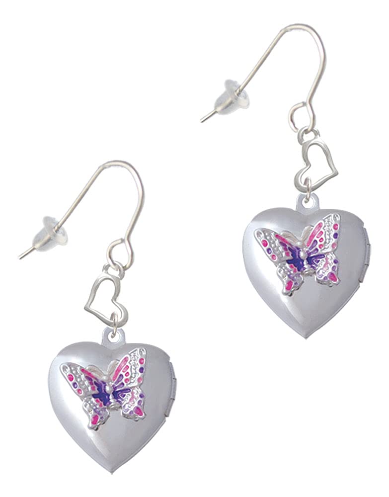 Silver Butterfly Heart Locket Earrings - Elegant French Jewelry for Gifts