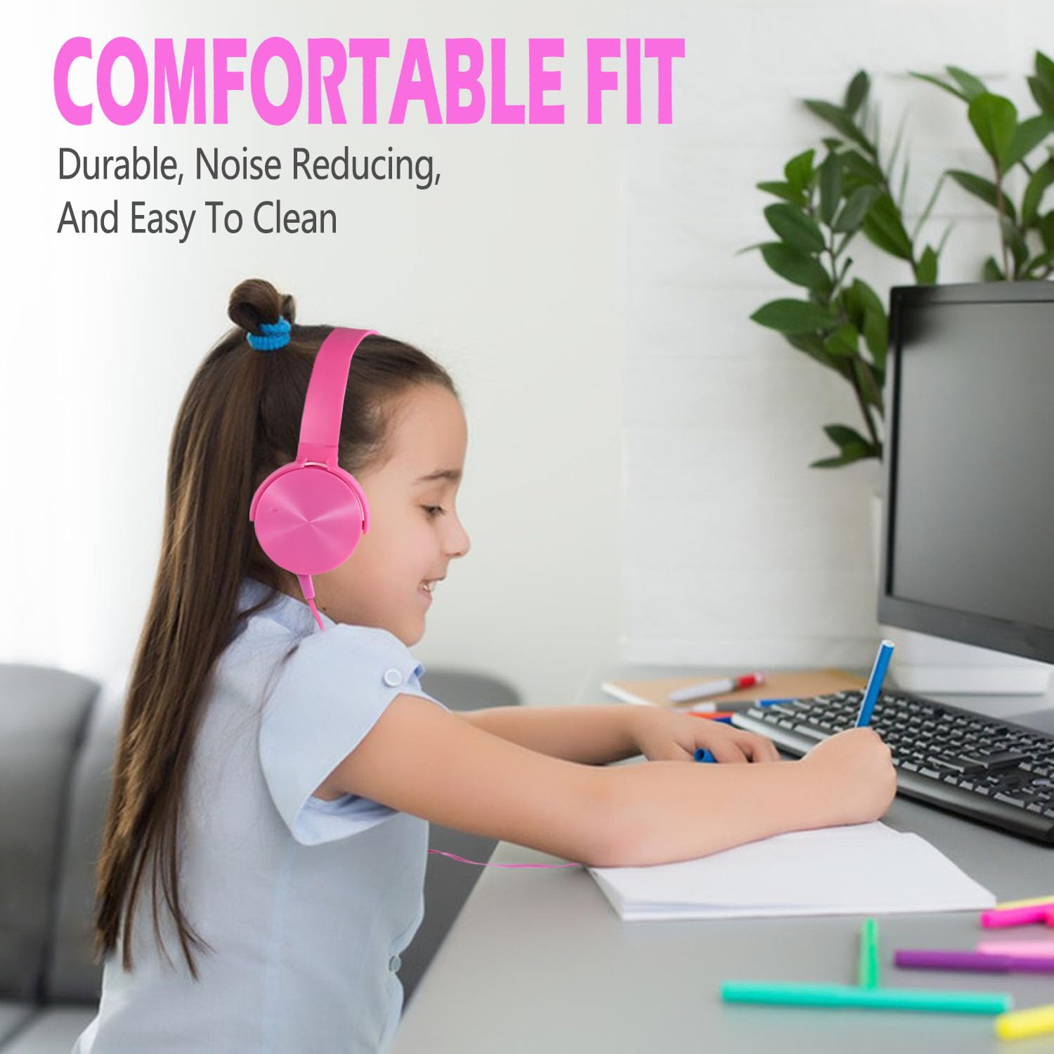 2 Pack Kids Headphones for School & Online Learning - Durable Wired Headset for Classroom K-12, Laptop, Computer, Library, Airplane Travel (Pink & Orange) - Perfect for Remote Learning & Travel Accessories