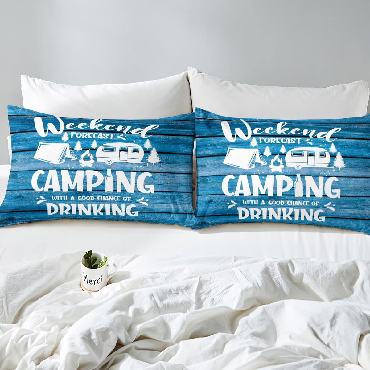 Happy Camping Camper Comforter Set Twin - Blue Adventure Themed Bedding for Kids, Teens & Adults | Rustic Wooden Door Design 2-Piece Quilt Set with Pillowcase | Perfect for Summer Camping, Dorm Rooms & Cozy Cabin Decor