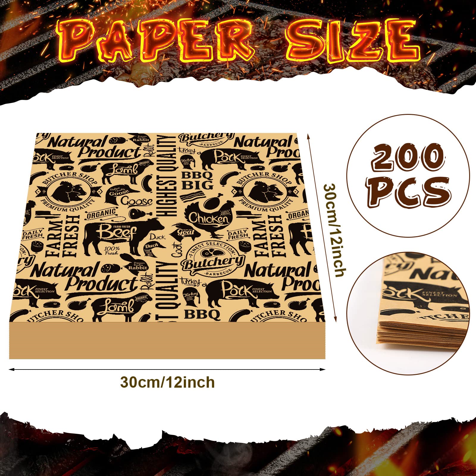 200-Piece Unbleached Uncoated Unwaxed Butcher Paper Squares - 12x12 Inch Precut Butcher Paper for Smoking, Grilling, BBQ & Food Wrapping - Ideal for Meat Smoking, Grill Cooking & Food Presentation