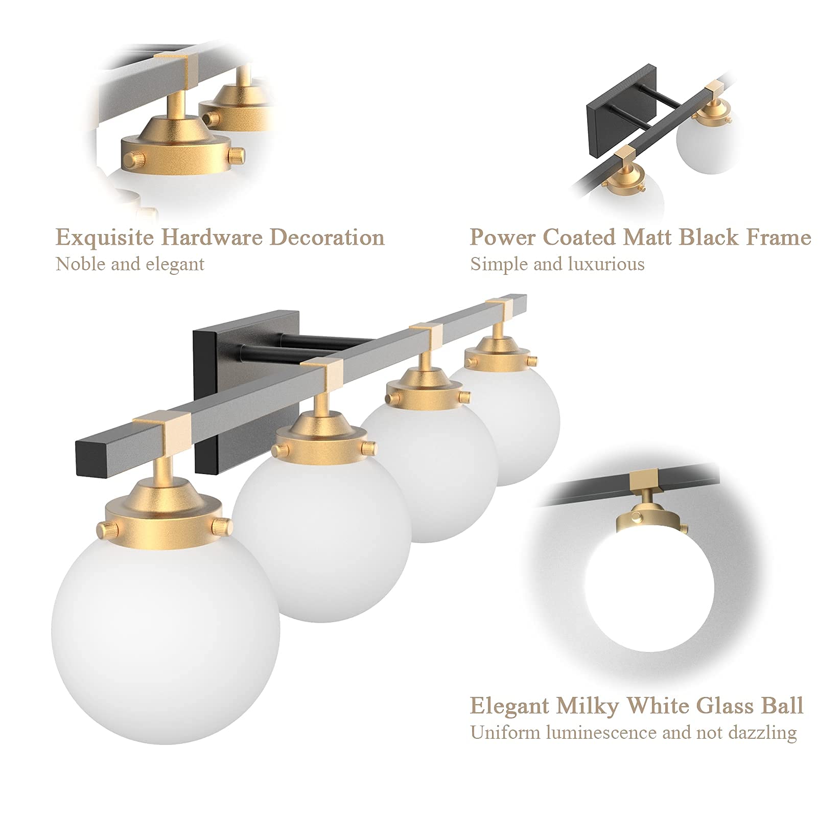 Tipace 4-Light Mid Century Modern Bathroom Vanity Lighting Fixture - Black/Gold Finish with Milk White Glass Globes for Mirror Lighting (Bulbs Not Included) | Perfect for Bathroom, Powder Room, and Dressing Area Vanity Mirror Illumination