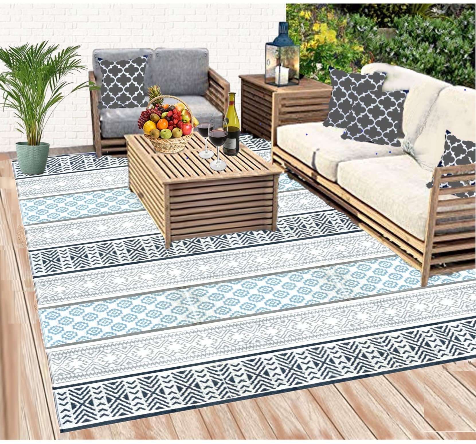 BalajeesUSA 9x18 Reversible Outdoor Rug - Waterproof Recycled Plastic Straw Patio Mat for RV, Camper, Deck, Poolside - Grey & Teal Design | Durable & Eco-Friendly