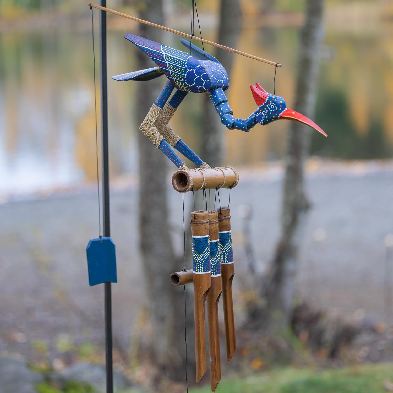 Hand Painted Purple Spotted Bamboo Wind Chime with Bobbing Head Bird - Cohasset Gifts 174P Passion Collection | Outdoor Garden Decor, Patio Ornament, Zen Relaxation Gift