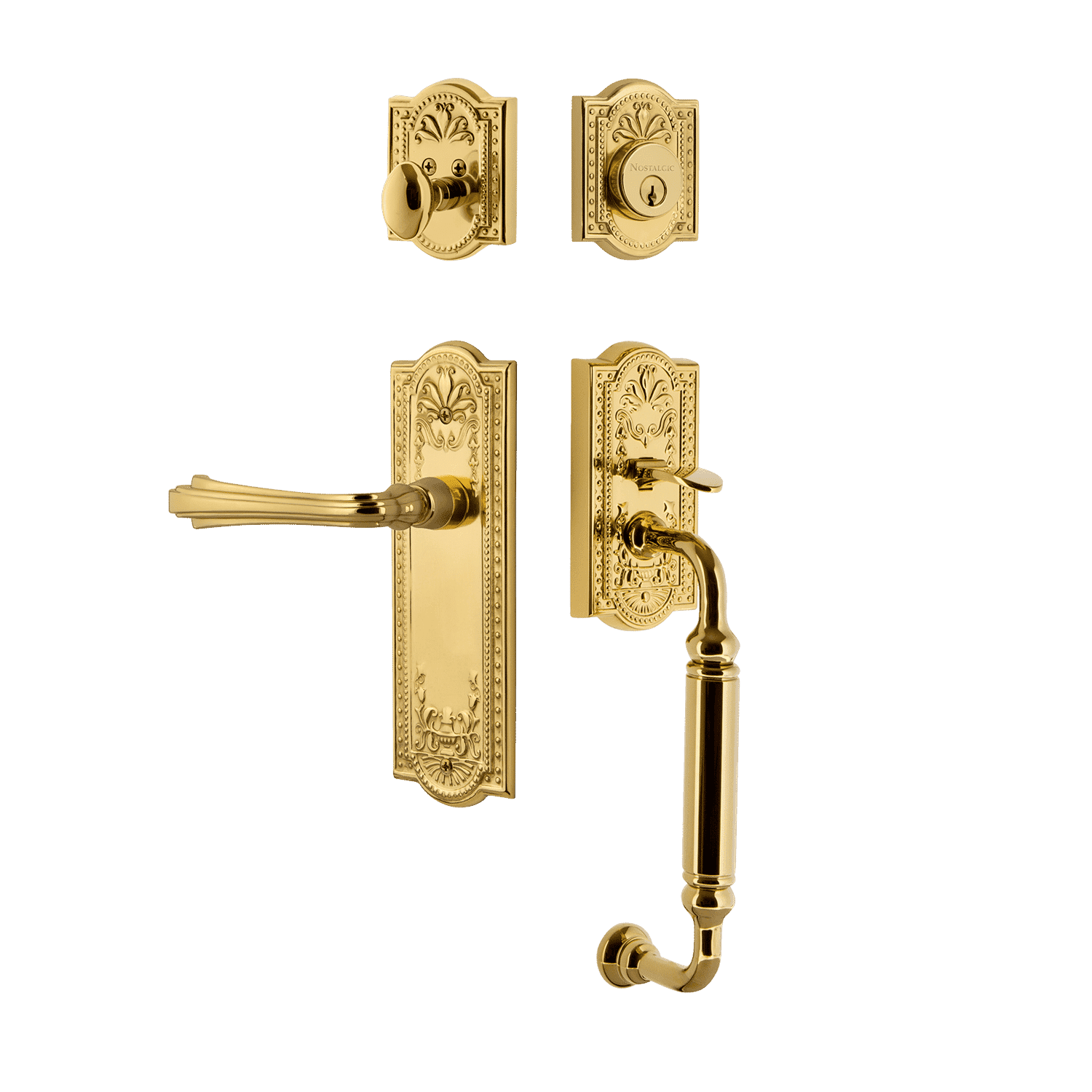Polished Brass Meadows Handleset with C Grip & Long Plate - Fleur Lever Design for Doors - Perfect for Home, Office & Commercial Entryways