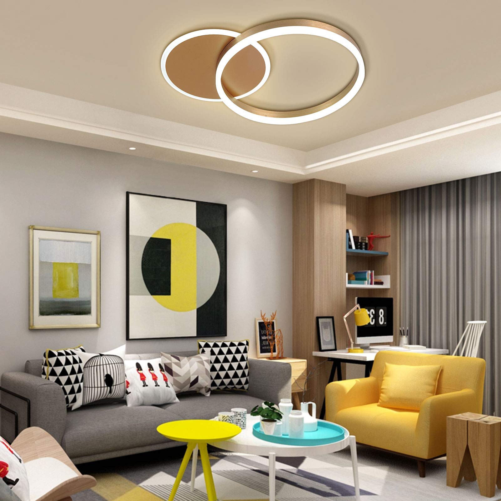 Modern 37W LED Chandelier Ceiling Light - Brushed Gold Aluminum & Acrylic 2-Ring Design, 6000K Daylight White - Perfect for Bedroom, Dining Room & Living Room Lighting | Dimmable Energy-Saving Fixture for Home & Office Decor