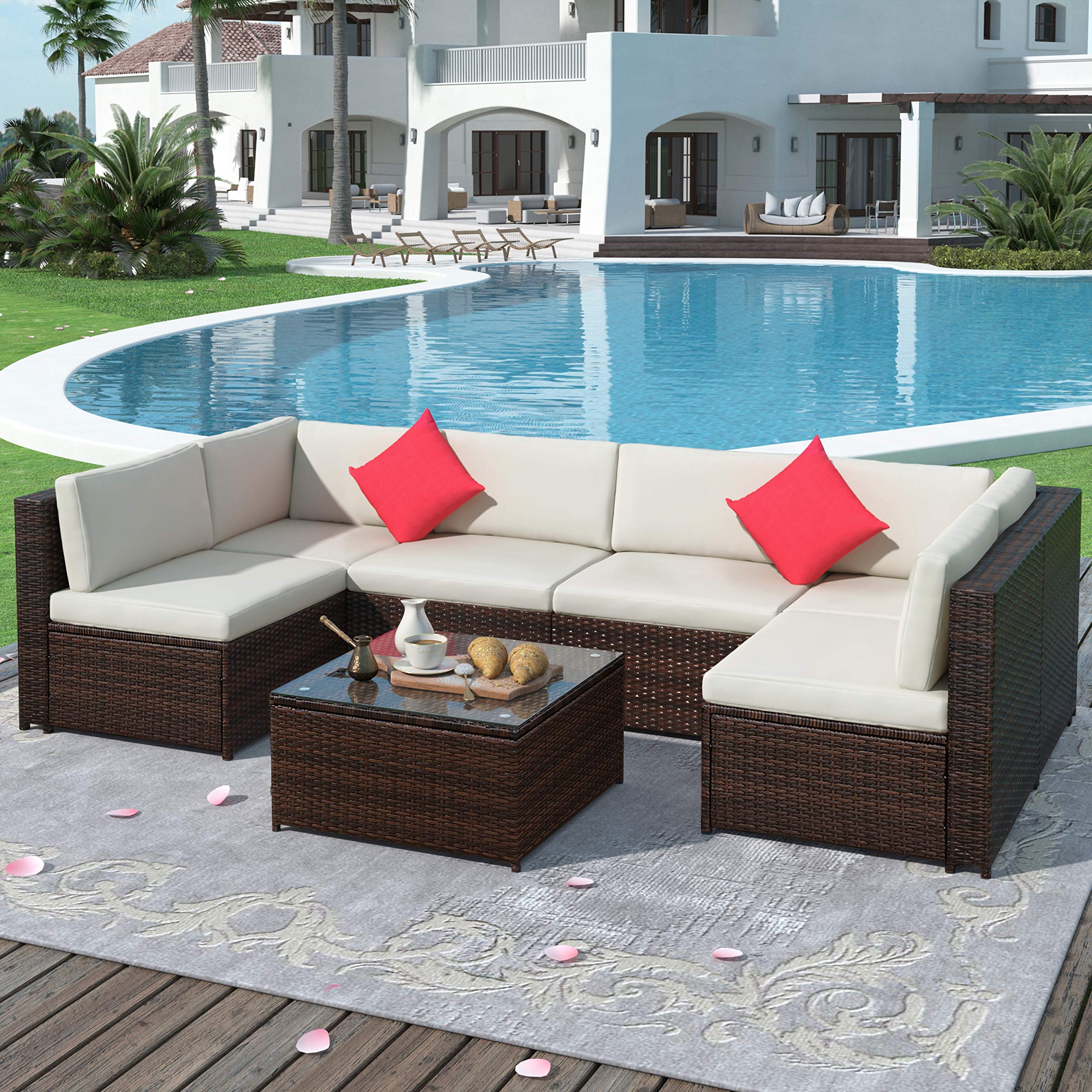 7-Piece All-Weather PE Rattan Patio Furniture Set with Glass Coffee Table & Beige Cushions - Outdoor Sectional Sofa for Backyard, Poolside, Garden, and Terrace Relaxation