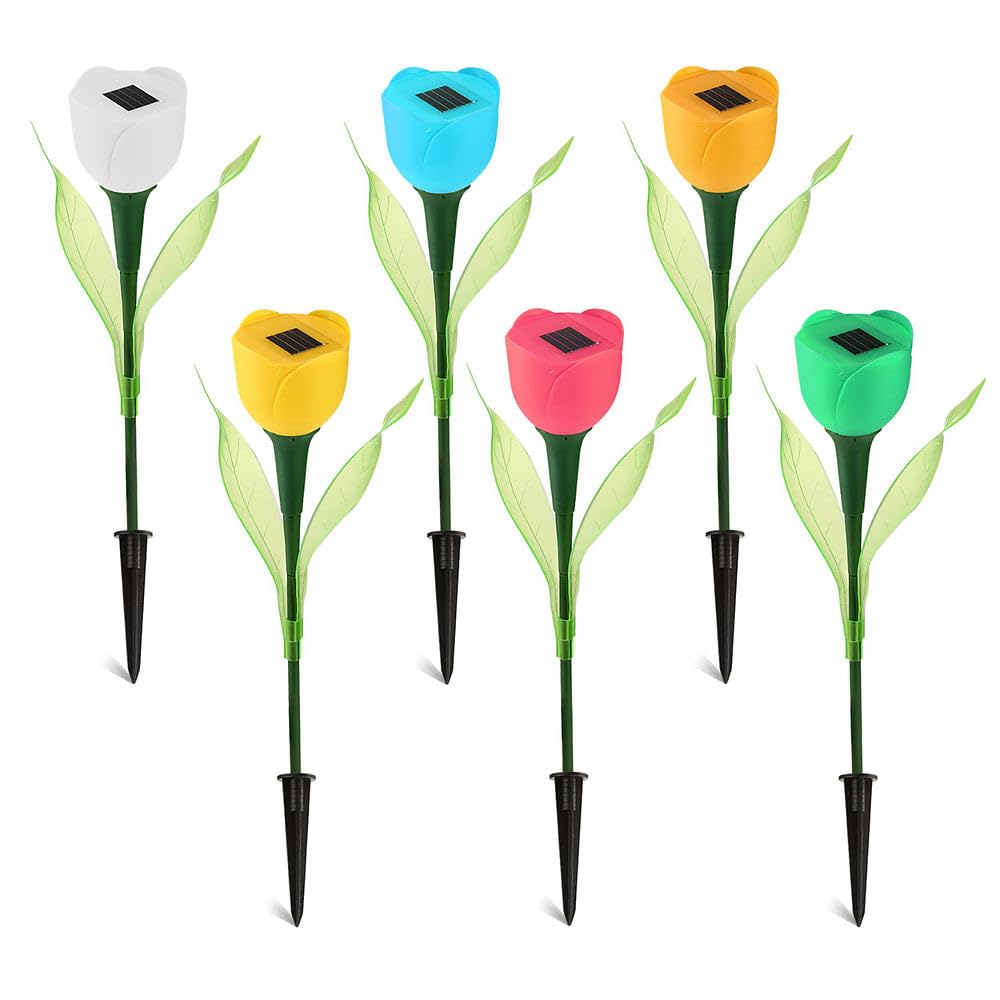 Solar Powered LED Tulip Flower Lights - 6 Pack Outdoor Garden Path Lighting for Yard, Lawn, and Walkway | Weatherproof Decorative Solar Lights for Patio, Deck, and Landscape