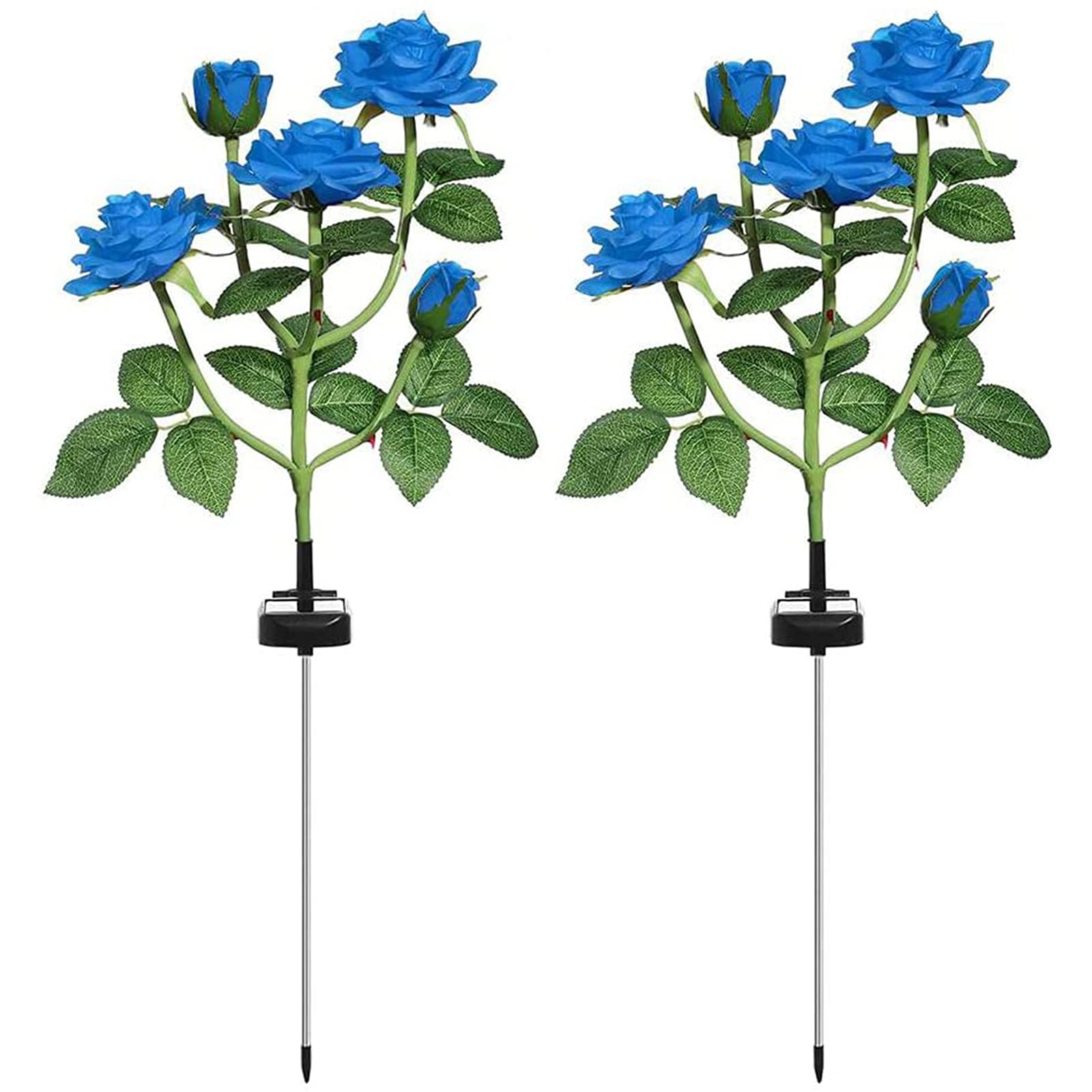 ALLWIN 2 Pack Solar Rose Flower Lights - Upgraded Waterproof Outdoor Solar Garden Lights with 5 LED Roses - Solar Powered Stake Lights for Patio, Pathway, Courtyard, Lawn Decoration (Blue) - Perfect for Romantic Garden Lighting & Landscape Accents