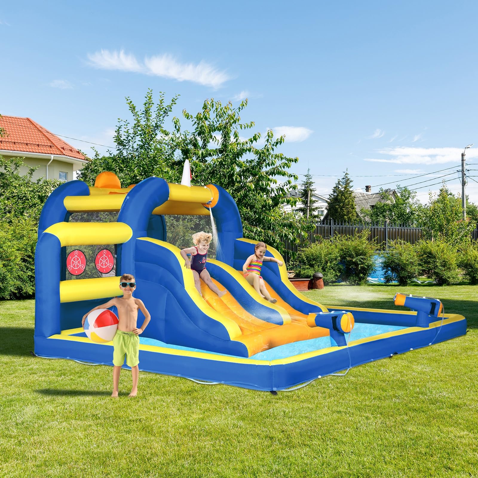 Ktaxon Inflatable Bounce House for Kids - Double Water Slide Jumping Castle with Air Blower, Outdoor Play Equipment for Backyard, Park & Lawn (181