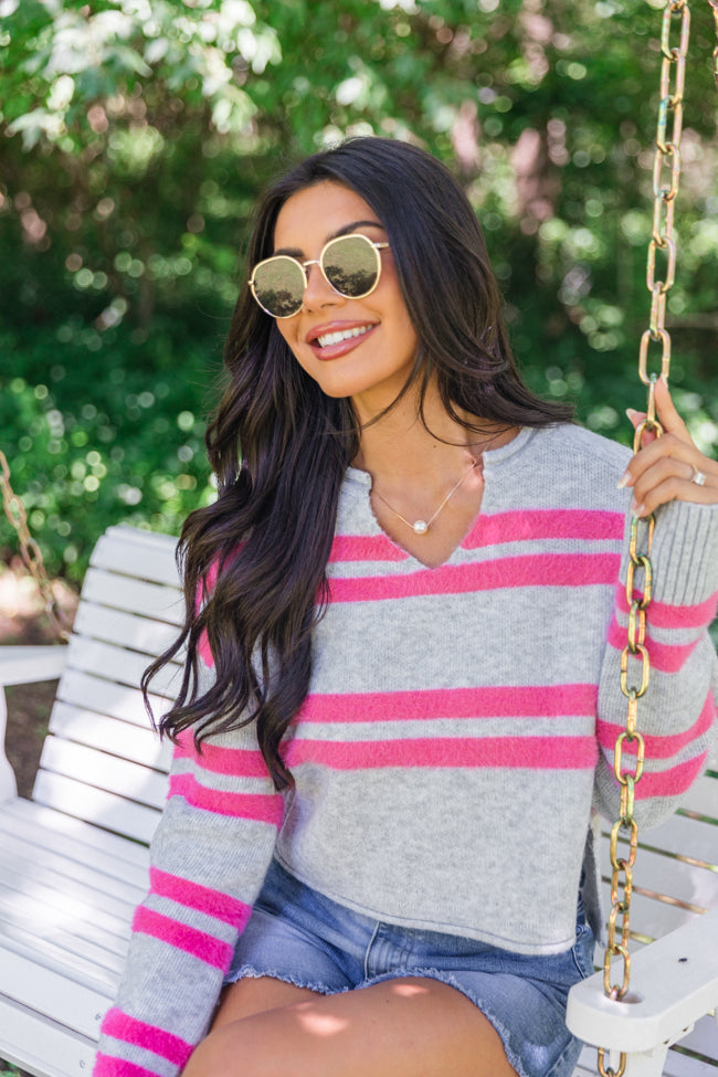 Sweet Affection Grey and Fuchsia Striped Notched Neck Sweater for Women - Cozy Pullover for Fall & Winter - Perfect for Casual Outings and Office Wear