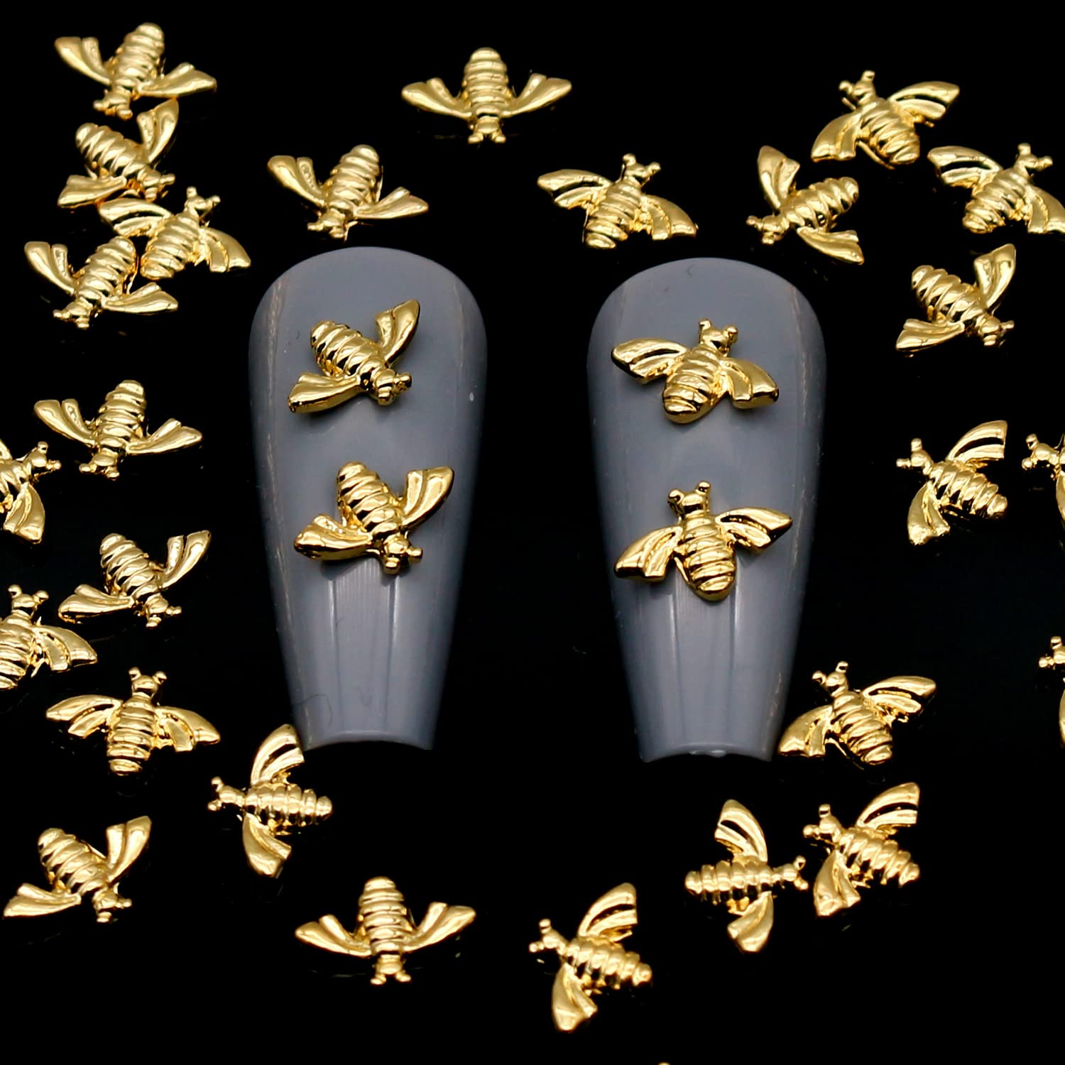 100pcs Gold Bee Nail Charms - 3D Metal Nail Art Studs for Acrylic Nails, Nail Jewelry Decorations - Perfect for DIY Nail Art, Manicures, and Professional Salon Designs