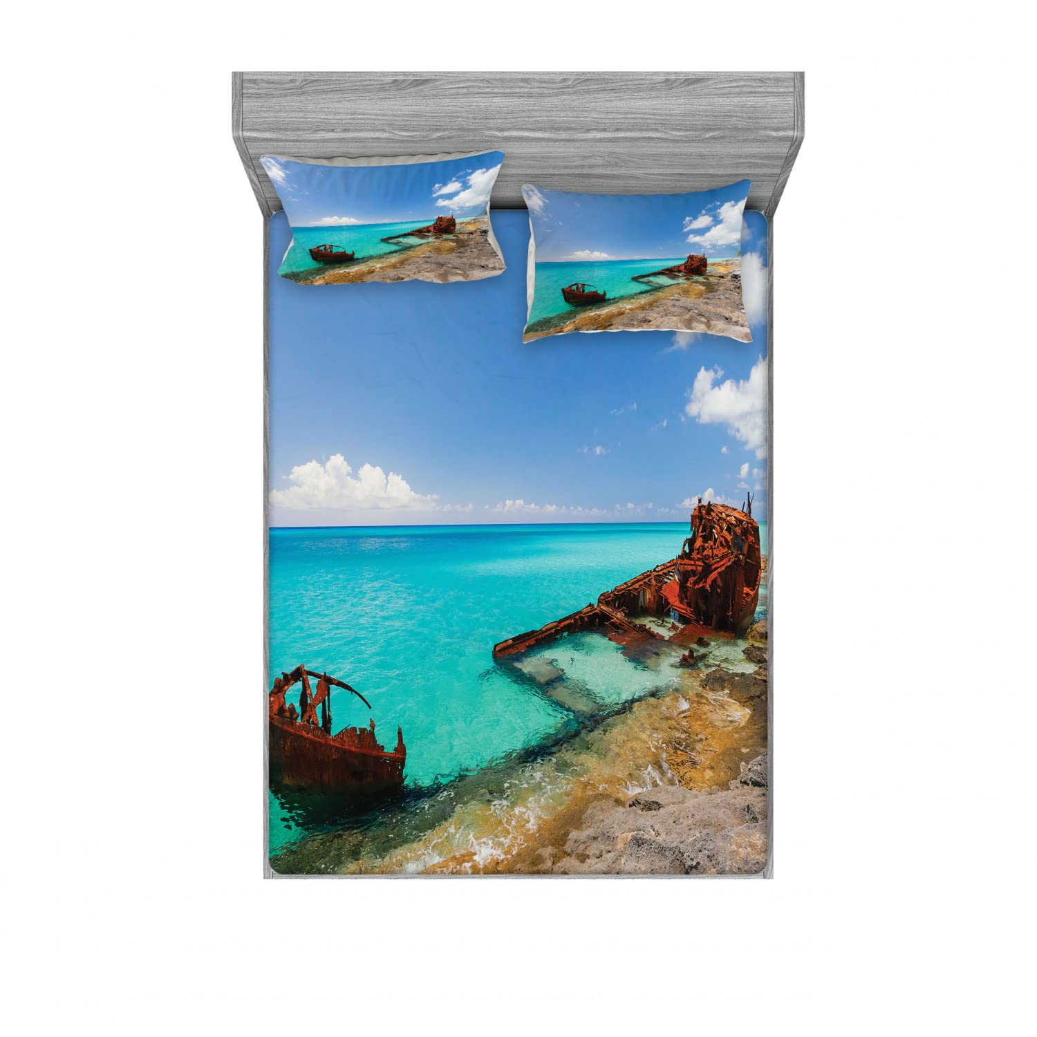 Ambesonne Nautical 2-Piece Queen Bedding Set - Shipwreck Beach Design Fitted Sheet & 4 Pillow Shams, Vibrant Multicolor Ocean Theme Decor - Perfect for Coastal Bedrooms, Beach House Guest Rooms & Nautical Themed Home Decor
