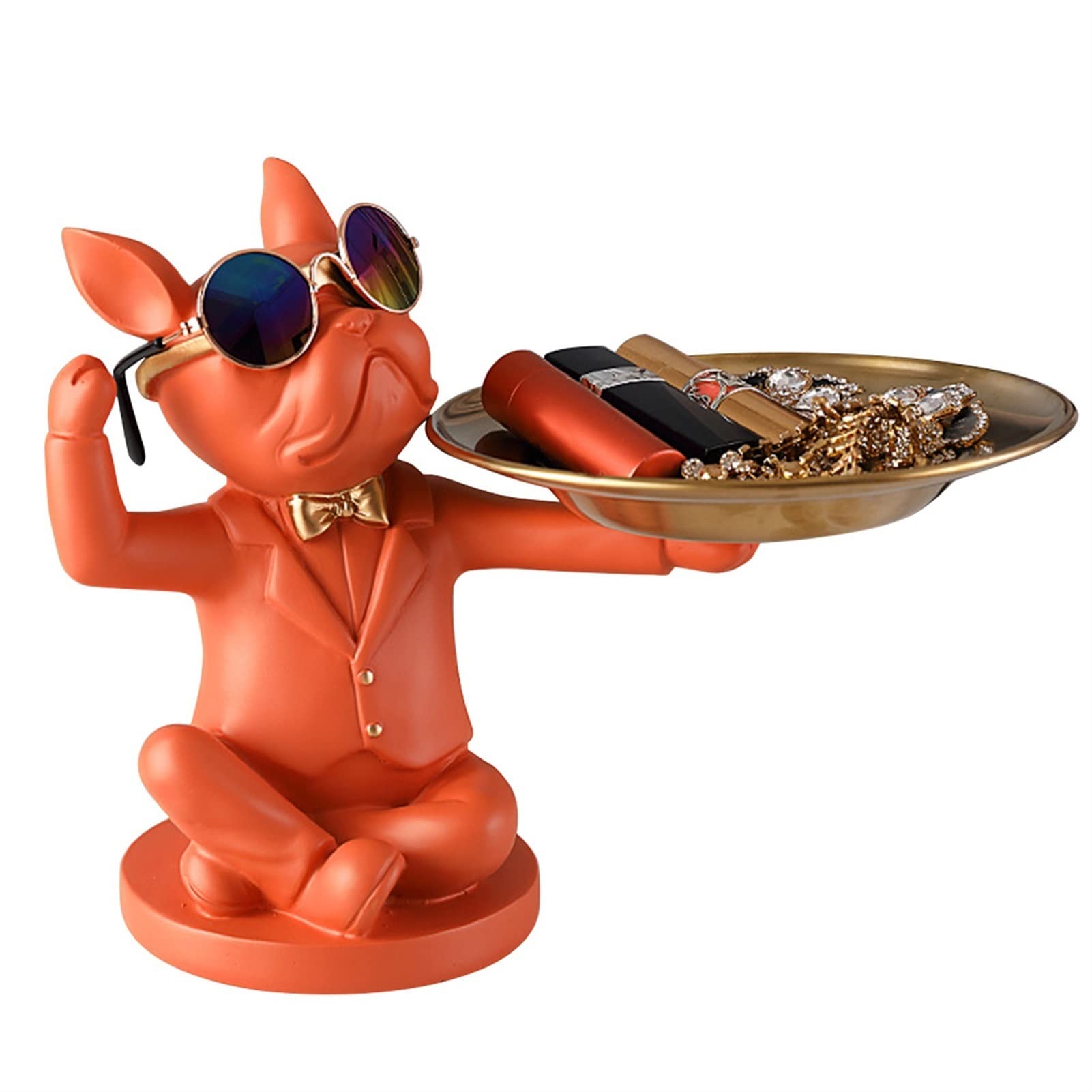 Modern Bulldog Sculpture Statue - Dog Figurine Key Holder & Tray Organizer for Home Decor | Orange Desktop Storage Solution | Perfect for Living Room, Office & Entryway Organization