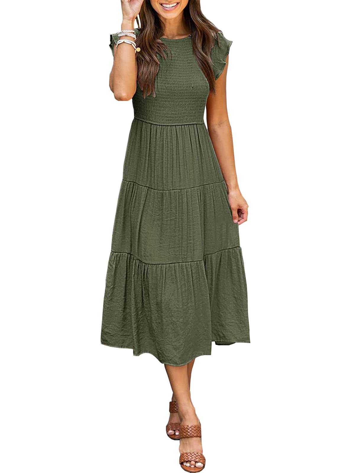 Women's Summer Casual Flutter Short Sleeve Smocked Waist Tiered Midi Dress - X-Large Army Green | 2022 Fashion | Perfect for Beach Outings, Picnics & Summer Parties