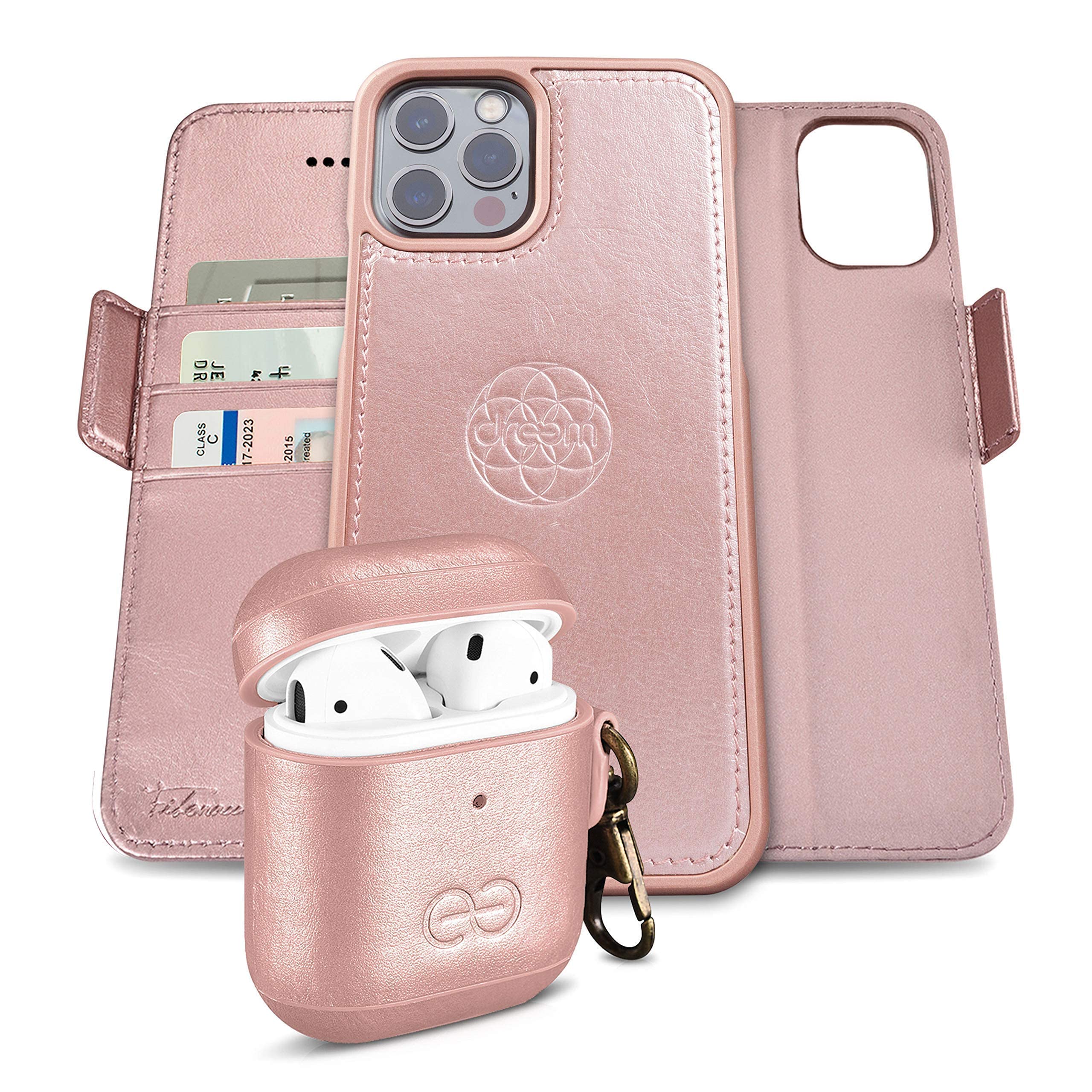 Fibonacci Wallet Case for iPhone 12 Pro Max with AirPods 1 & 2 Case Cover - Rose Gold | Slim RFID Blocking Phone Wallet | Perfect for Travel, Work & Everyday Use