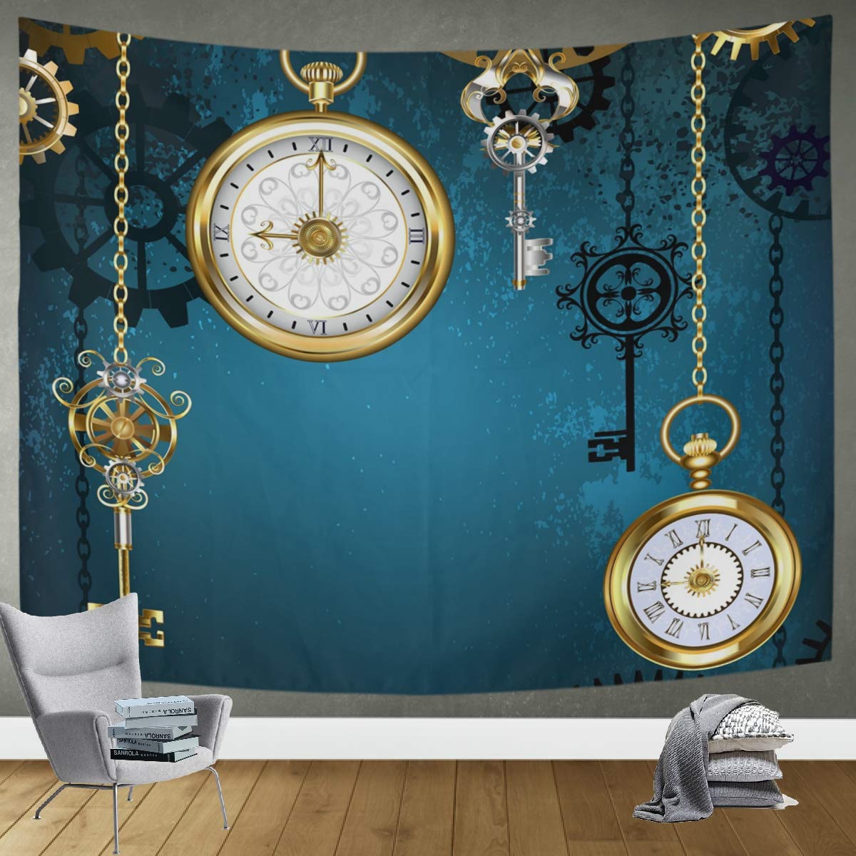 DOMIKING Steampunk Gold Tapestry Wall Hanging 80x60 Inches - Vintage Bedroom Decor, Living Room Wall Art for Boho Home Aesthetic | Perfect for Dorm, Apartment & Meditation Space Decor