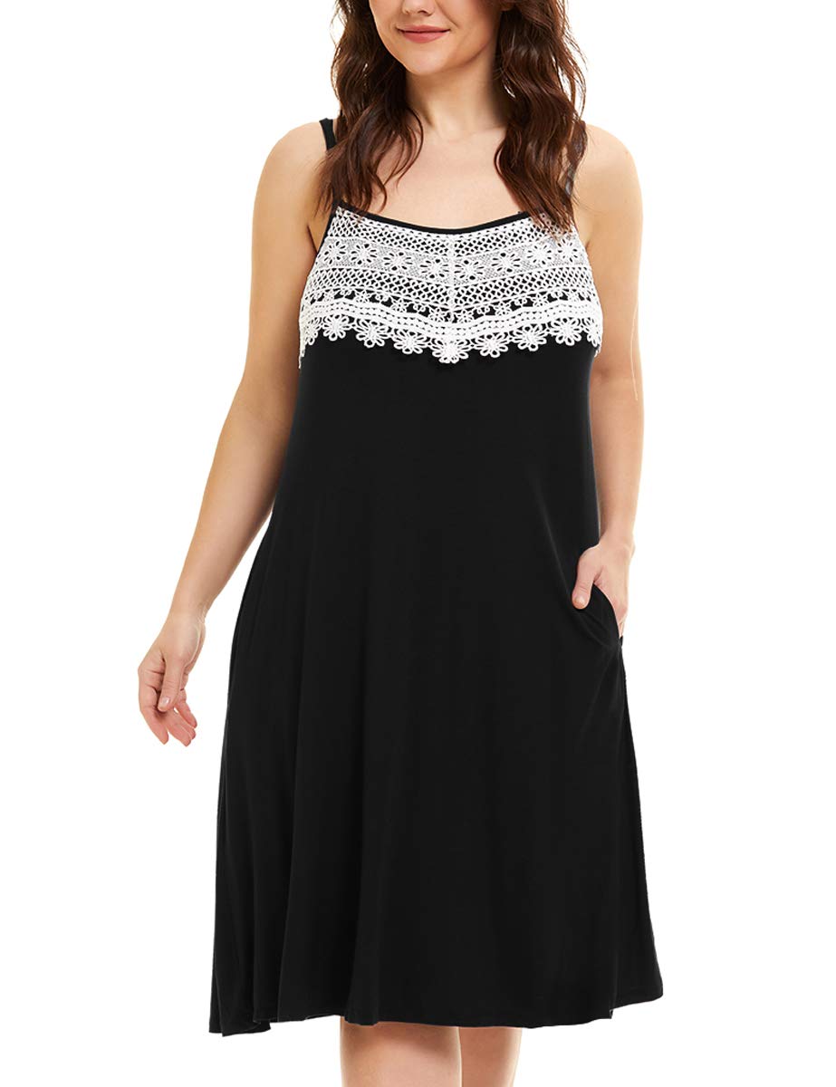 MONNURO Women's Lace Chemise Plus Size Sleep Dress - Adjustable Spaghetti Strap Nightgown with Pockets | Comfortable Pajama for Lounge, Honeymoon & Special Occasions