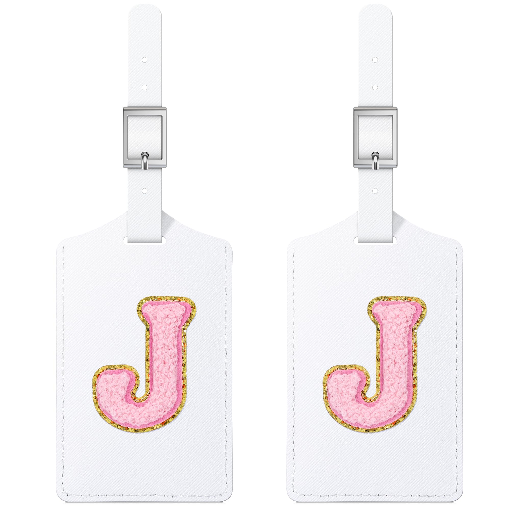 2 PCS Personalized Initial Luggage Tags - Cute Embroidered PU Leather Suitcase ID Tags with Privacy Cover for Travel (J Monogram, White Leather & Pink Letter) - Perfect for Women, Kids, Teens & Men's Carry-On Bags and Backpacks