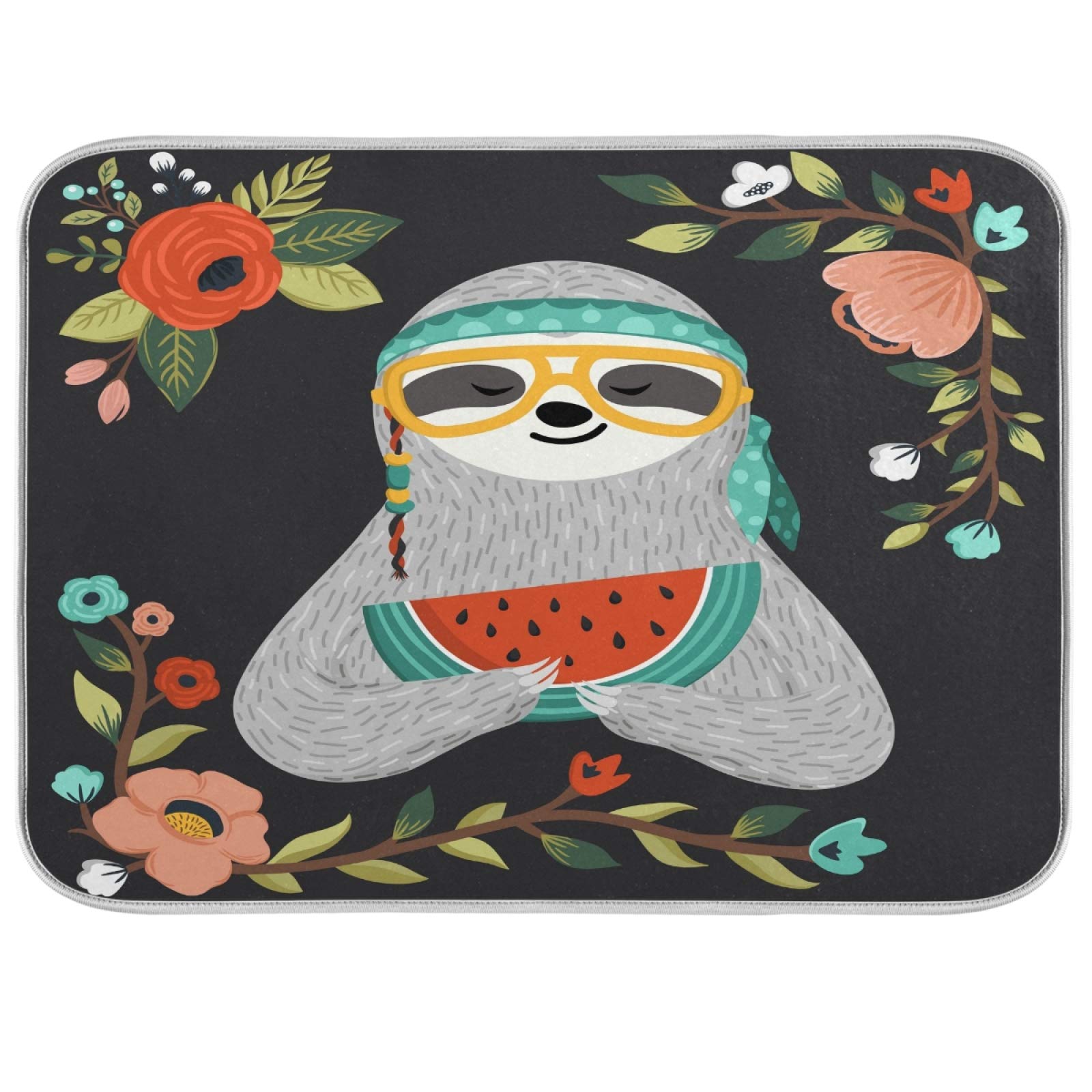 Watermelon Sloth Kitchen Dish Drying Mat 16x18 Inch - Absorbent Countertop Drying Pad for Dishes | Summer Kitchen Decor | Easy to Clean & Reusable | Perfect for Kitchen Counter, Sink Area & Dining Table