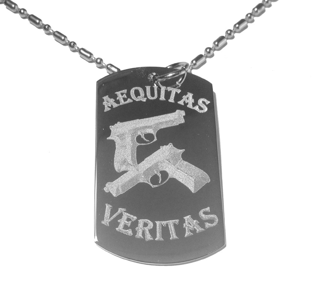 Shark Aequitas Veritas Saints Prayer Gun Design Metal Dog Tag Necklace - Military Style Luggage Tag with Chain for Men & Women | Outdoor Adventure, Travel, Fashion Accessory