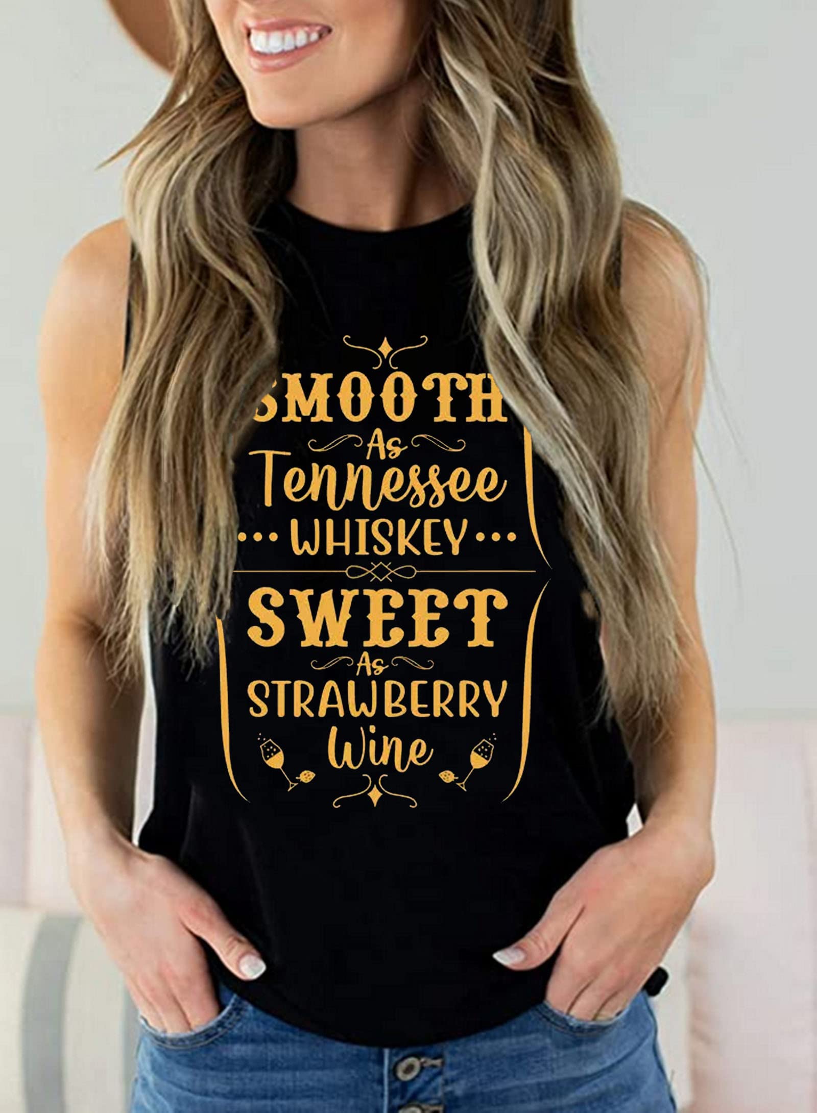 Women's Smooth Tennessee Whiskey & Sweet Strawberry Wine Graphic Tank Tops - Casual Sleeveless Shirt for Summer, Bar Hopping, Music Festivals & Outdoor Activities