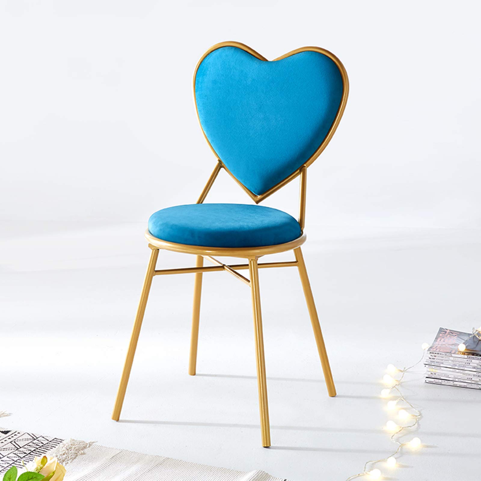 Heart-Shaped Makeup Stool with Flannel Backrest - Elegant Golden Metal Dressing Chair for Bedroom, Vanity & Dining Room | Blue Velvet Accent Chair for Girls' Room Decor
