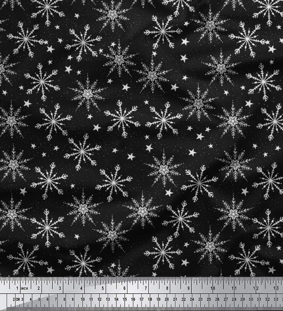 Soimoi Moss Georgette Black Fabric by The Yard - 42 Inch Wide Printed Fabric with Snowflakes & Stars Pattern - Winter Whimsy Design for Dresses, Scarves, DIY Crafts and Home Decor