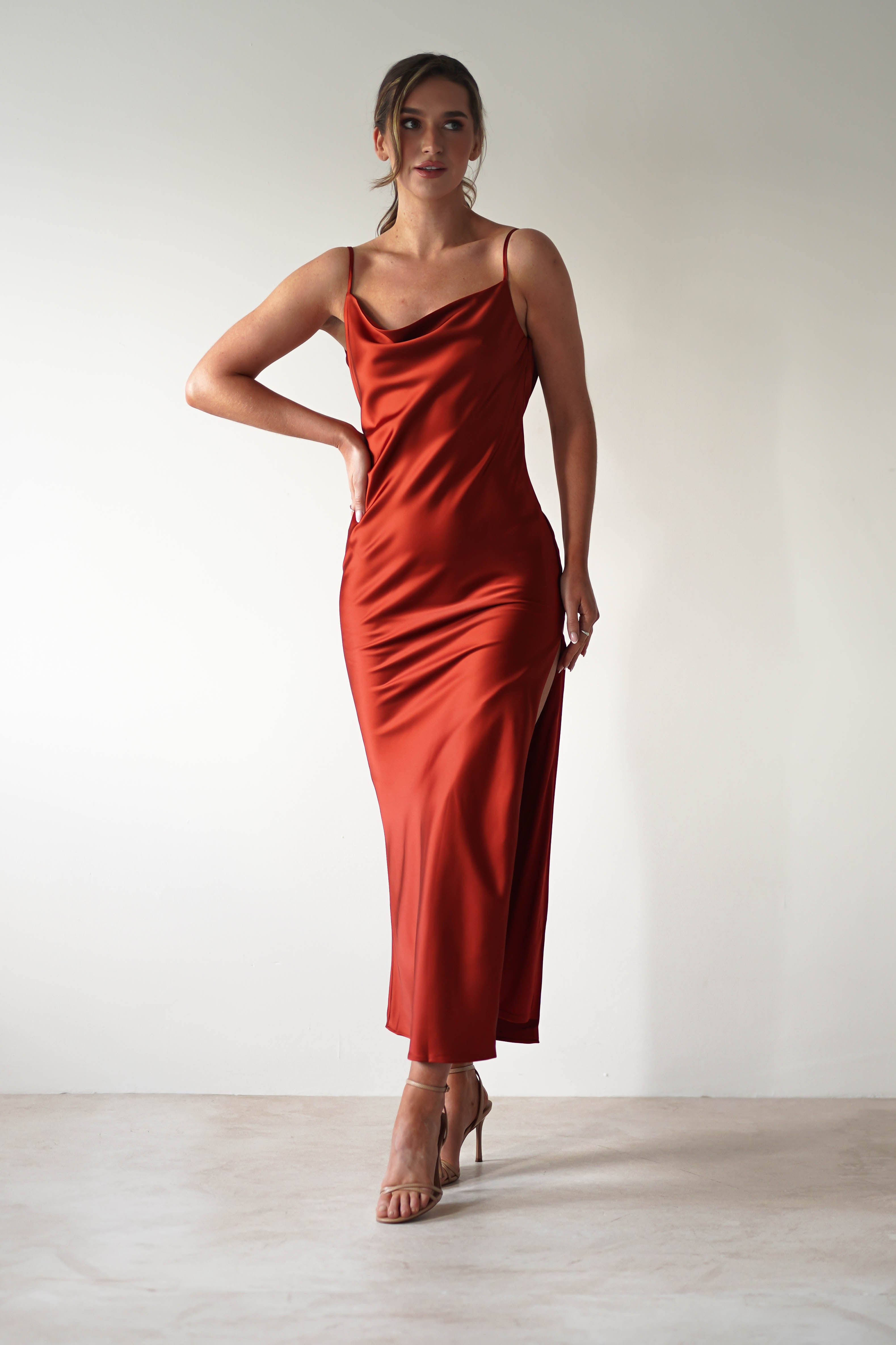 Elegant Luiza Low Back Satin Maxi Dress in Rust - Perfect for Weddings, Parties & Evening Events
