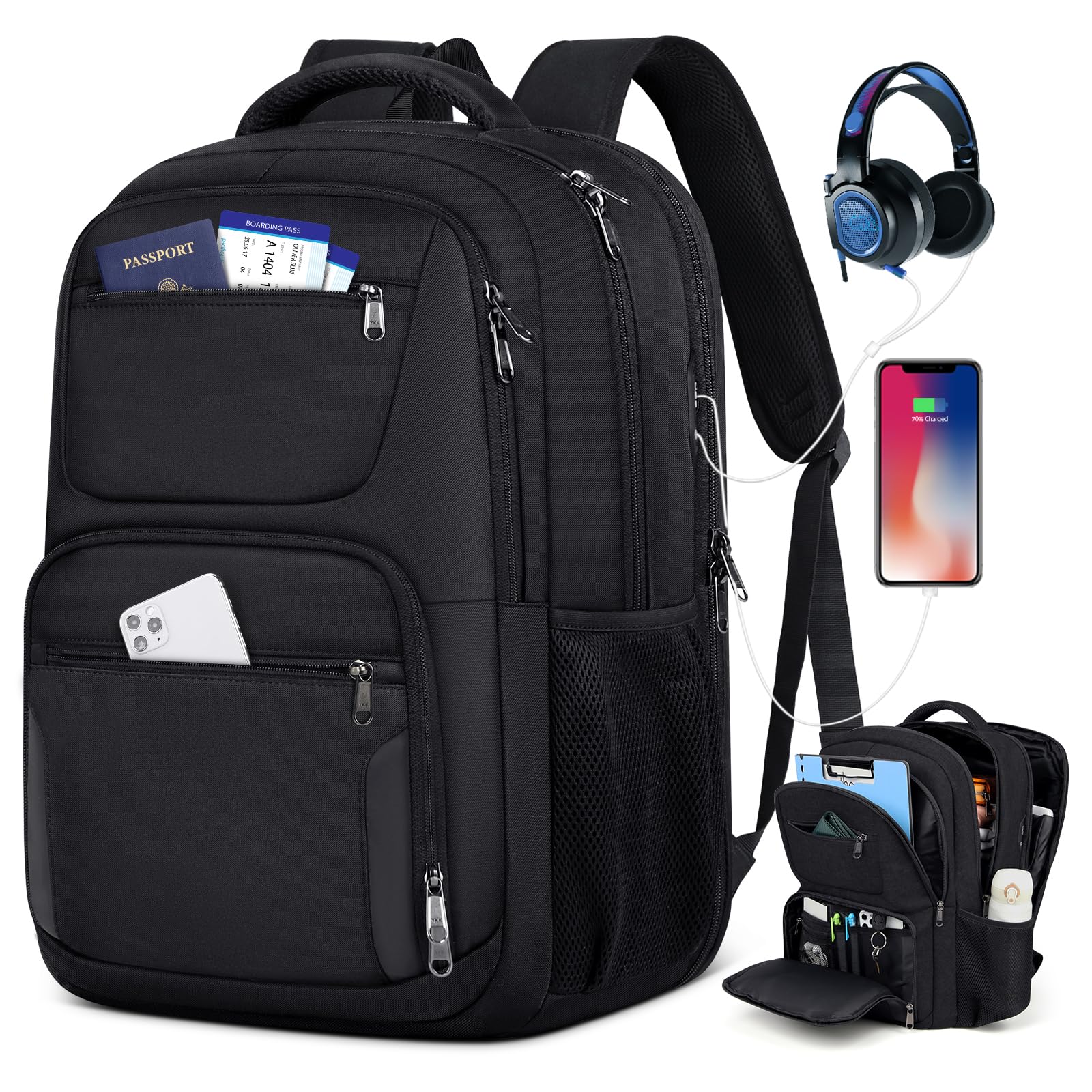 45L Anti-Theft Travel Laptop Backpack with USB Charging Port - Water Resistant 17.3 Inch Extra Large Computer Bag for College, Business & Commuting - Perfect for Men & Women (Black) | Ideal for Work, School & Airplane Travel