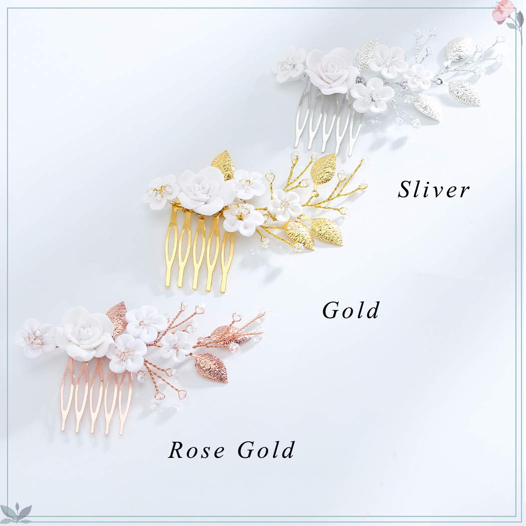 AUkmla Gold Pearl Flower Hair Comb - Elegant Bridal Wedding Hair Accessories for Women, Leaf Design Hair Pins (HC-24) | Perfect for Bridal Showers, Weddings & Special Occasions