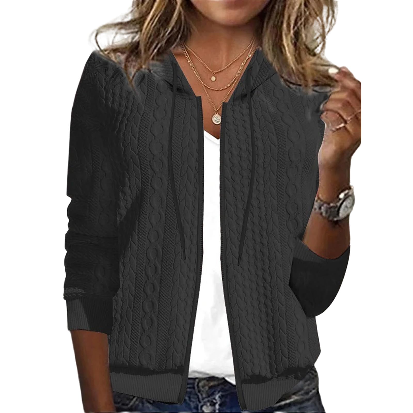 Women's Casual Zip Up Hoodie - Soft Waffle Knit Long Sleeve Sweatshirt with Drawstring | Fashion Jacket for Fall Outfits 2024 | Perfect for Daily Wear, Lounge & Outdoor Activities