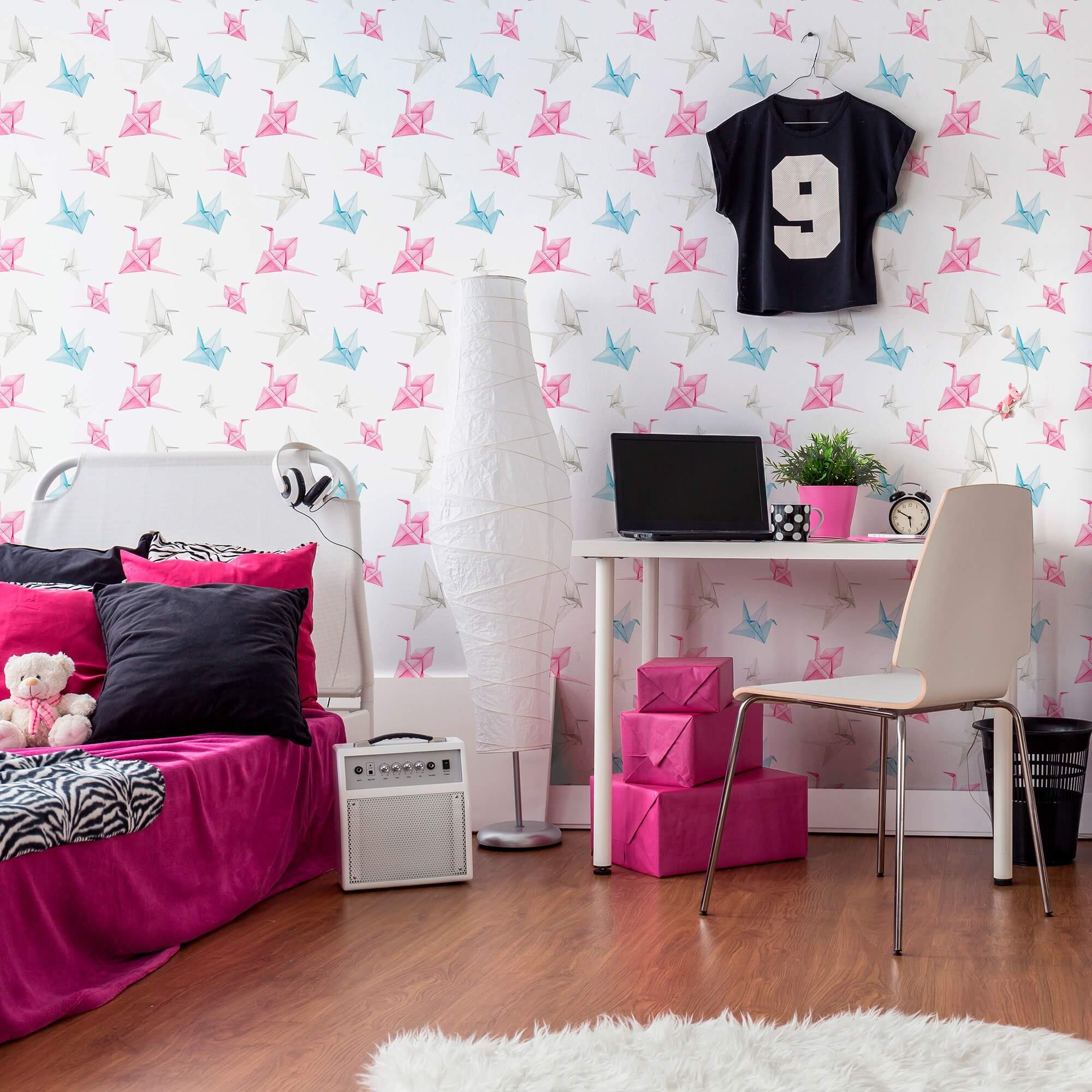 White and Pink Asian Themed Peel and Stick Removable Wallpaper 9390 - Self-Adhesive Decorative Wall Covering for Bedroom, Living Room, Nursery, and Office Decor