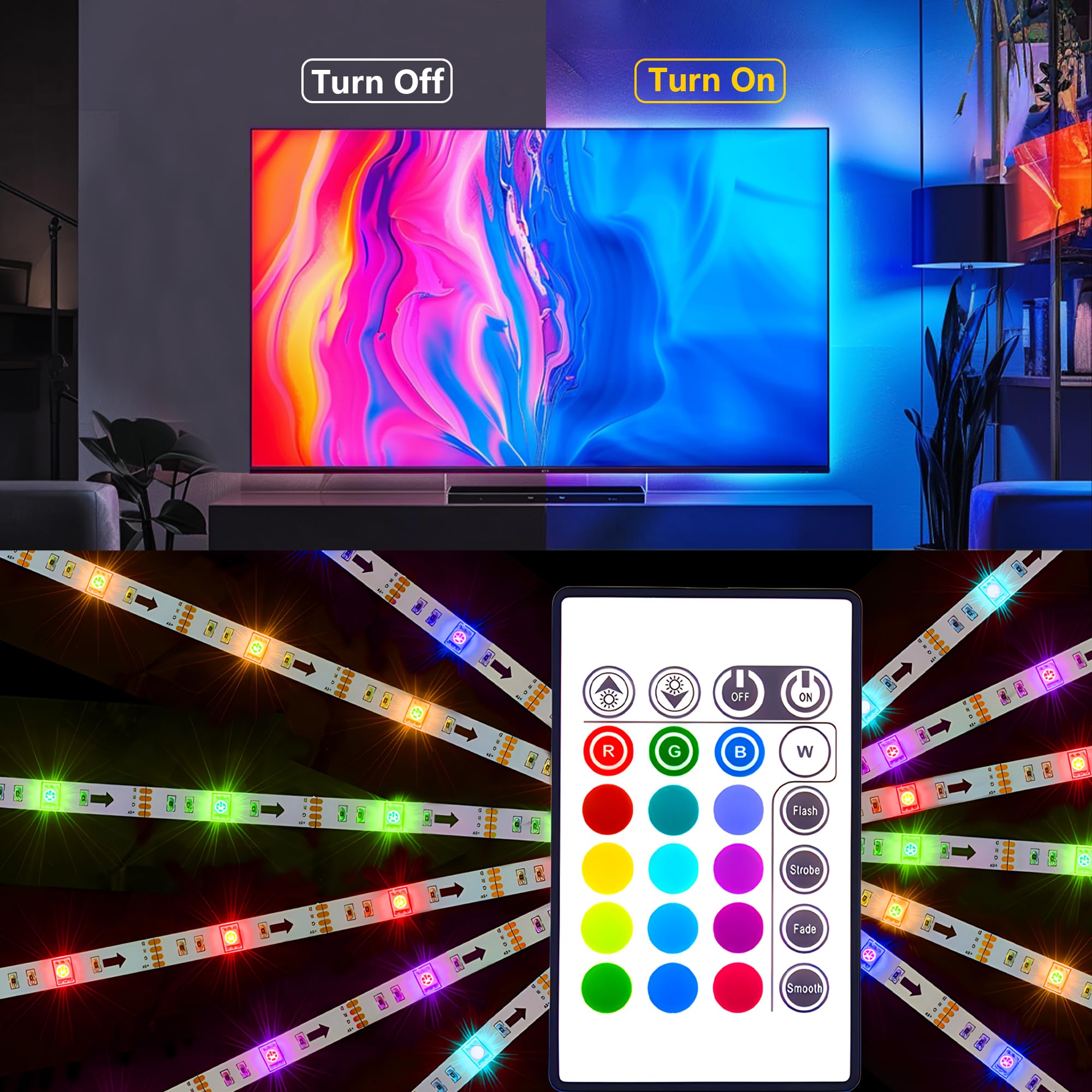 PANGTON VILLA 14.3ft USB LED TV Backlight Strip Lights for 65-75 inch HDTV, RGB 5050 LED Beads with 24-Key Remote (16 Color Changing) - Perfect for Home Theater, Gaming Setup & Ambient Lighting