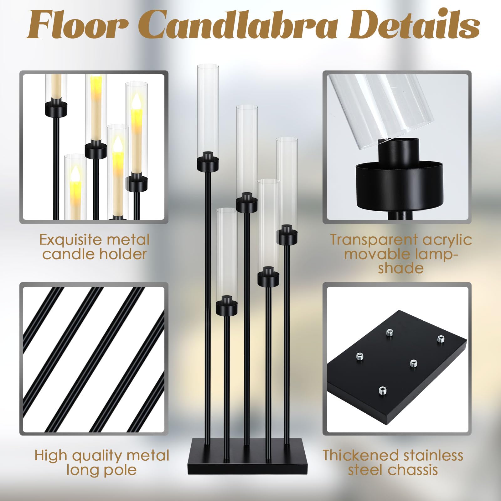 5-Arm Tall Metal Candle Holder Set of 4 - 42.5