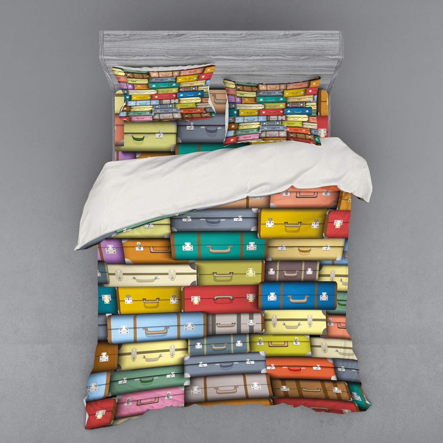 Ambesonne Vintage Travel Themed Duvet Cover Set - Colorful Suitcases Design 4-Piece Queen Size Bedding with Shams & Fitted Sheet | Perfect for Guest Rooms, Vacation Homes & Travel Enthusiasts