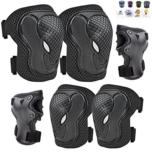 GTSBROS Kids Knee Pads and Elbow Pads Set - 6-in-1 Protective Gear with Wrist Guards for Boys & Girls - Ideal for Skateboarding, Roller Skating, Cycling & Scooter Riding (Black) - Perfect for Outdoor Sports & Playground Safety