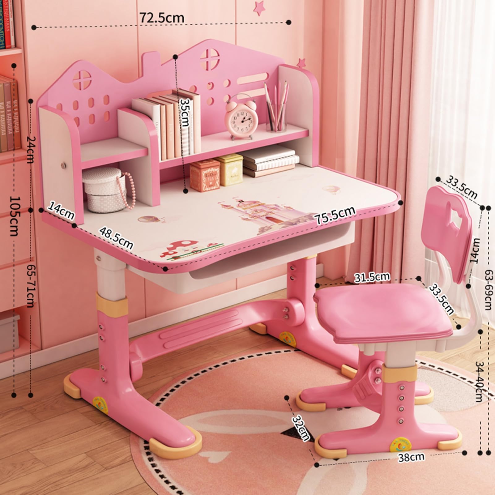 Adjustable Kids Study Desk and Chair Set with Storage Drawer - Ergonomic Height-Adjustable Children's Learning Table for Boys & Girls (Pink) - Perfect for Homeschooling, Online Classes & Bedroom Study Space