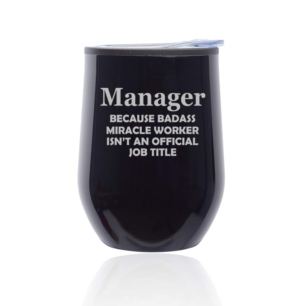 Stemless Wine Tumbler with Lid - 16oz Insulated Coffee Travel Mug, Shatterproof Glass for Hot & Cold Drinks - Funny Manager Miracle Worker Job Title Gift (Midnight Black) - Perfect for Office, Commute & Outdoor Activities
