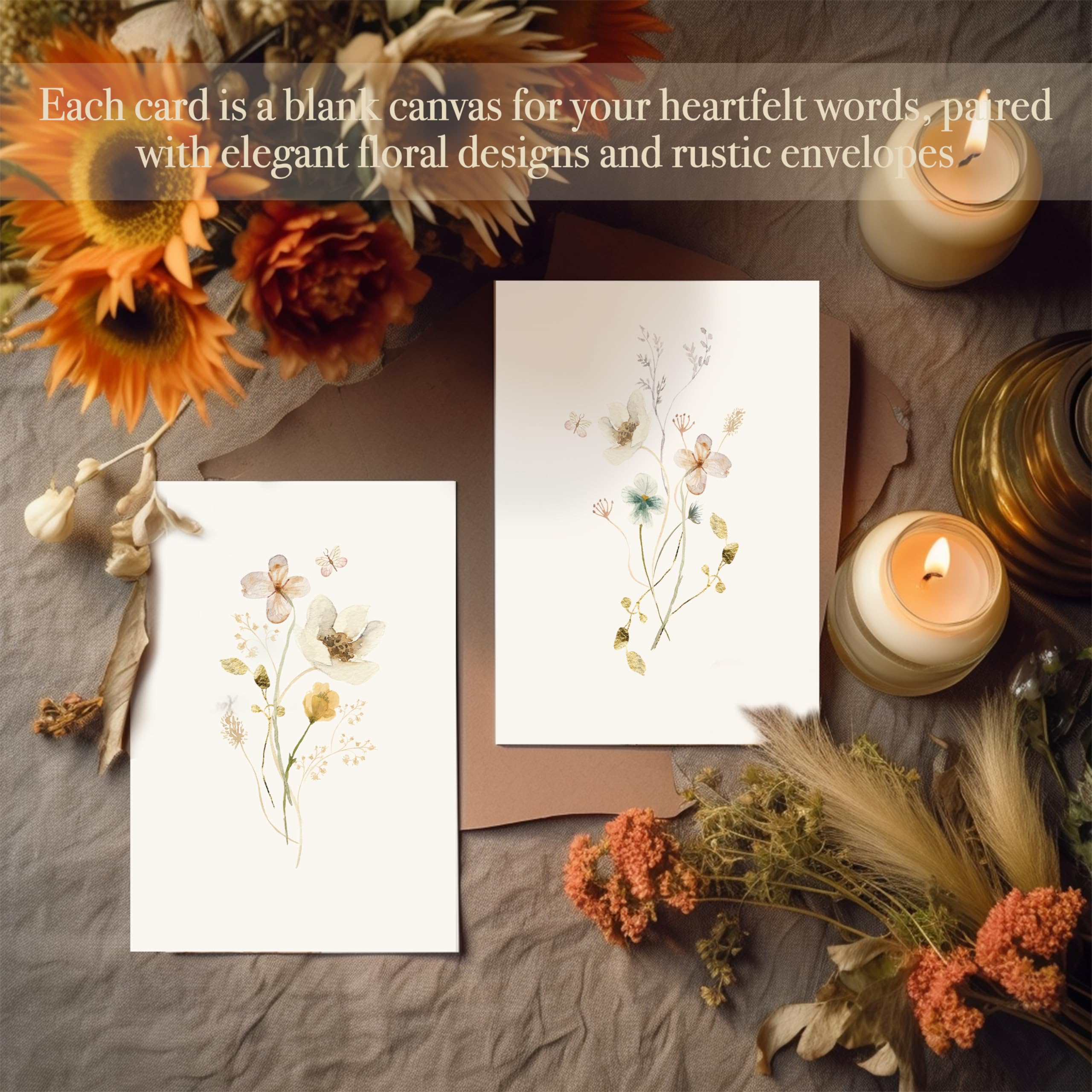 40 Pack Blank Greeting Cards 4x6 Inch - Elegant Floral Design Note Cards with Matching Peel-and-Seal Rustic Envelopes | Perfect for Weddings, Thank You Notes & DIY Crafting