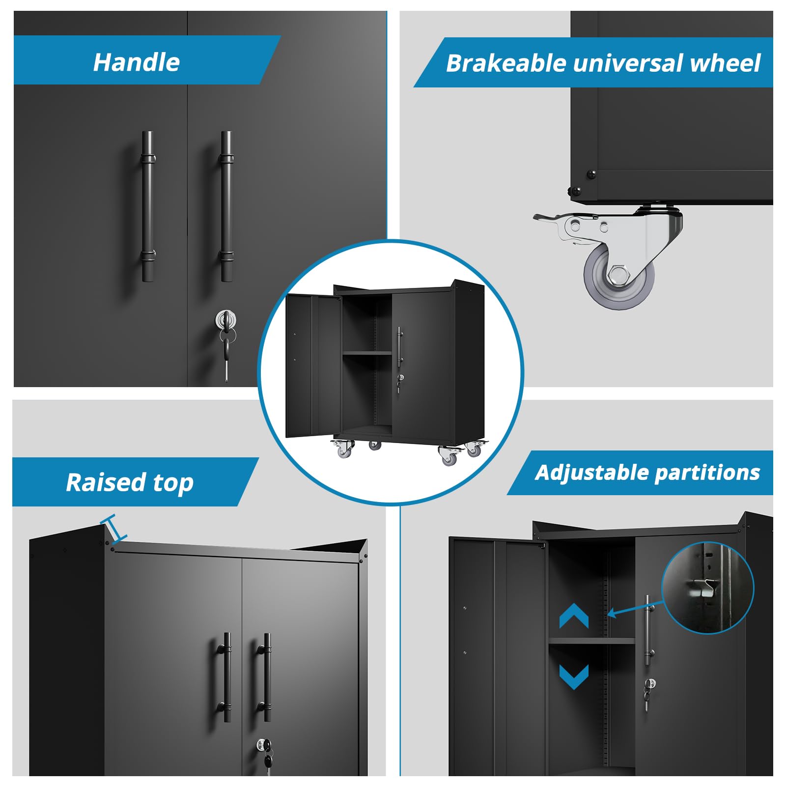 Heavy Duty Lockable Metal Storage Cabinet with Adjustable Shelves & Wheels - 35.4