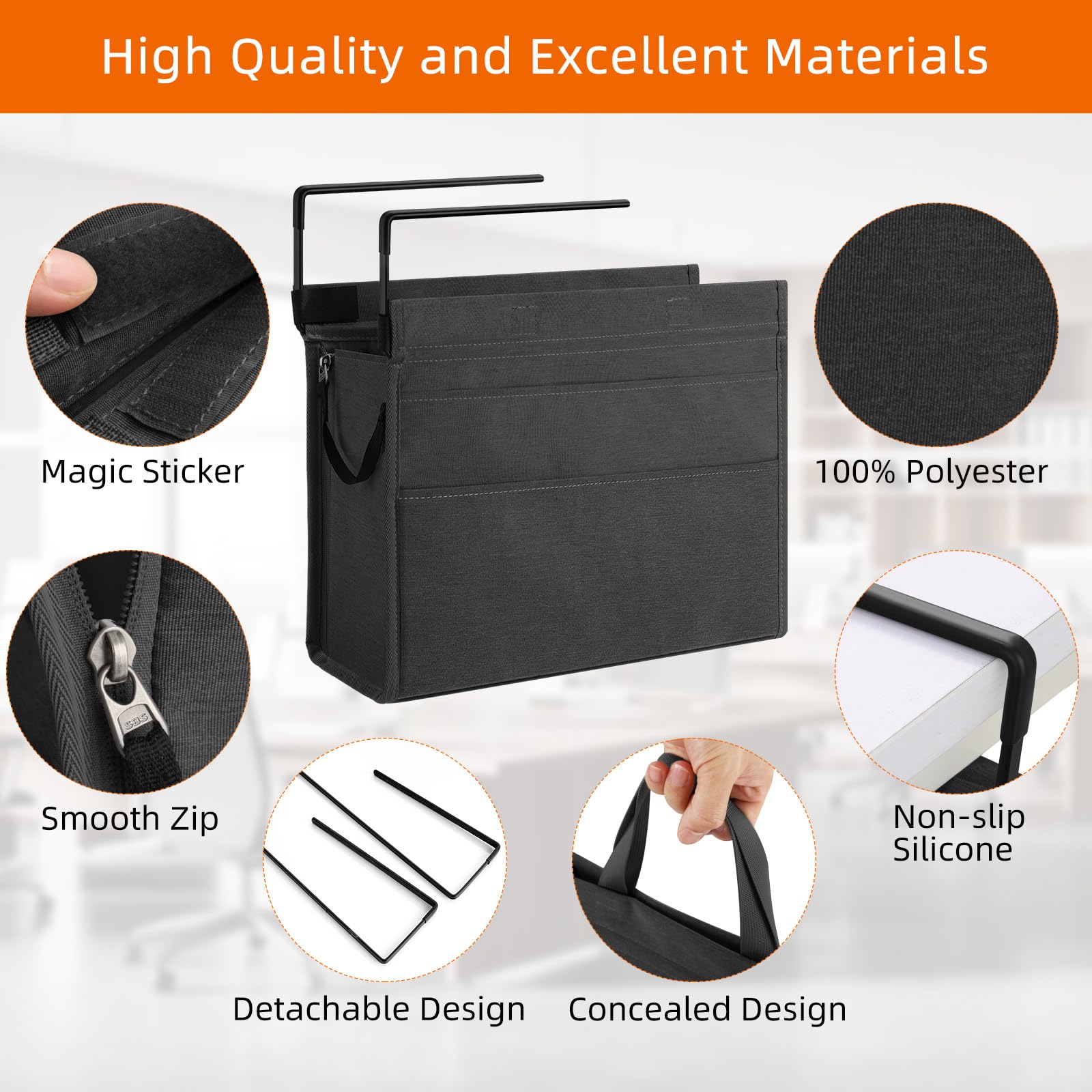 MASTLU Under Desk Hanging Storage Bag - Black Office Organizer with Detachable Handle, Fits A4 Files, No Assembly Needed for Home, School & Workspace | Perfect for Desk Accessories, File Storage & Workspace Organization