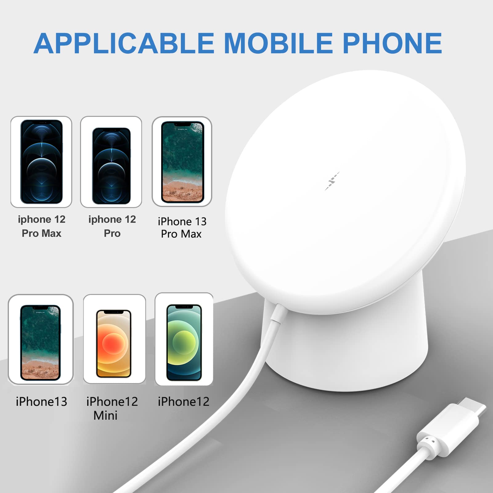 Magnetic Wireless Charger Stand - 360° Rotation, USB-C Cable Included - Fast Charging Station Compatible with MagSafe iPhone 13/12 Series (Pro/Max/Mini) - Perfect for Home, Office & Car Use