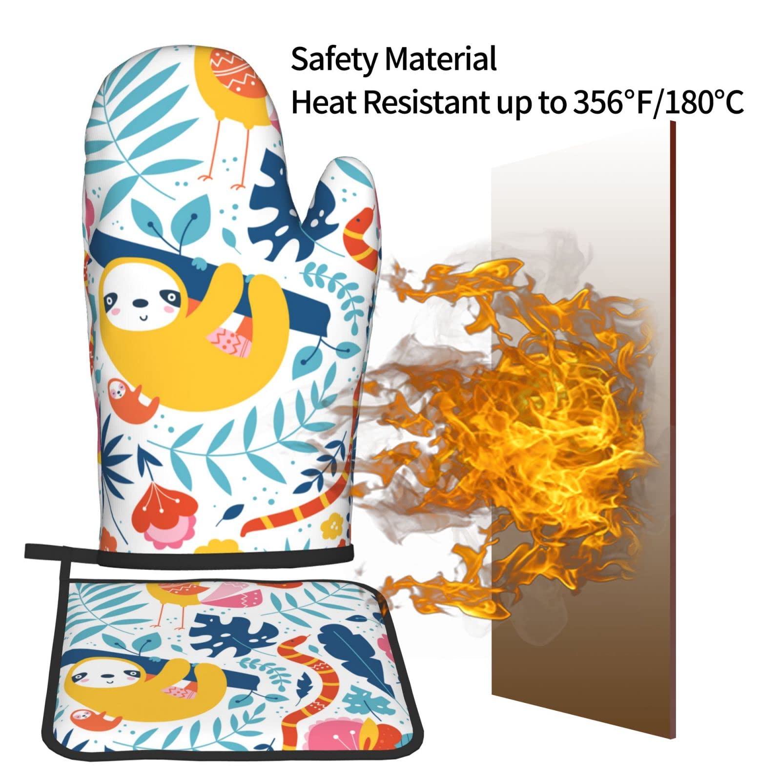 Sloth Pattern Heat Resistant Oven Mitts & Pot Holders Set - Kitchen Cooking & Baking Accessories for Grilling, Roasting, and Food Handling
