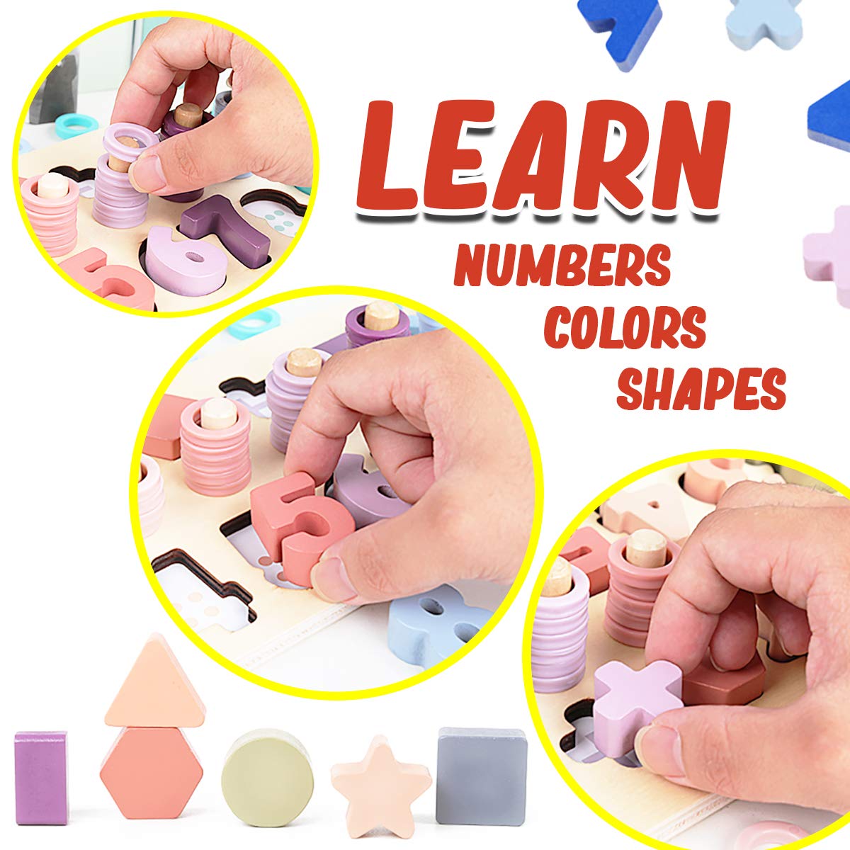 Montessori Wooden Shape & Number Puzzle Blocks - Educational Preschool Learning Toys for Boys & Girls | CozyBomB Macaron Color | Perfect for Homeschooling, Daycare & Early Childhood Development