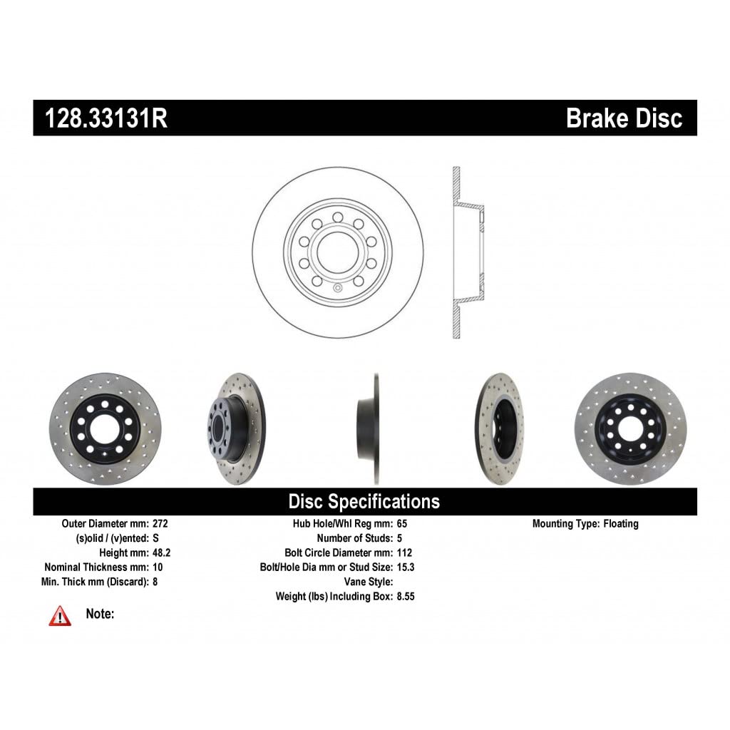 StopTech Sport Drilled Brake Rotor for 2017-2019 Volkswagen Golf Alltrack - Passenger Side (128.33131R) | High-Performance Braking for Street & Track Use