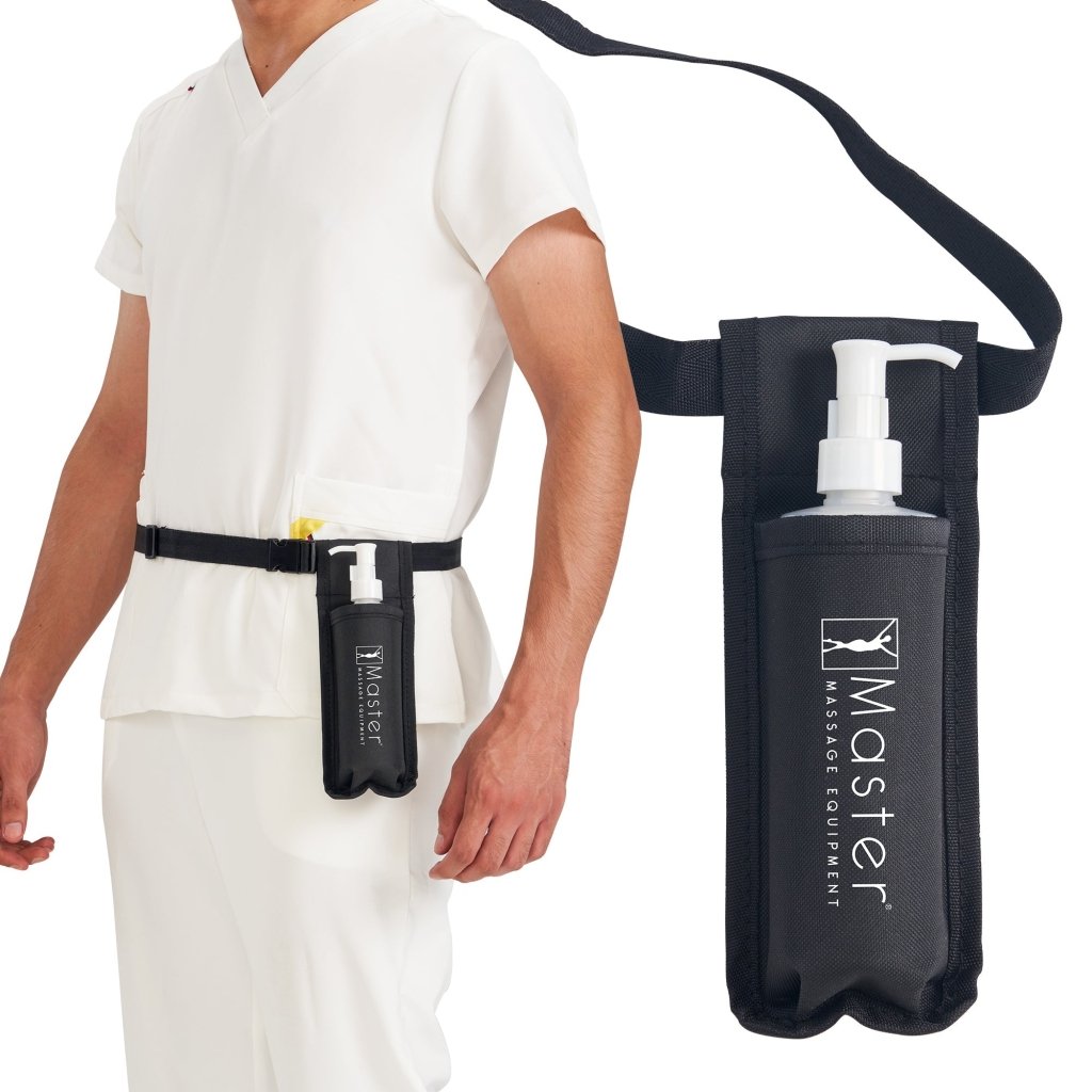 Premium Adjustable Massage Oil Holster Case - Heat Resistant Bottle Holder for Therapists | Includes 8oz Refillable Pump Dispenser | Perfect for Spa, Massage Clinics & Home Use